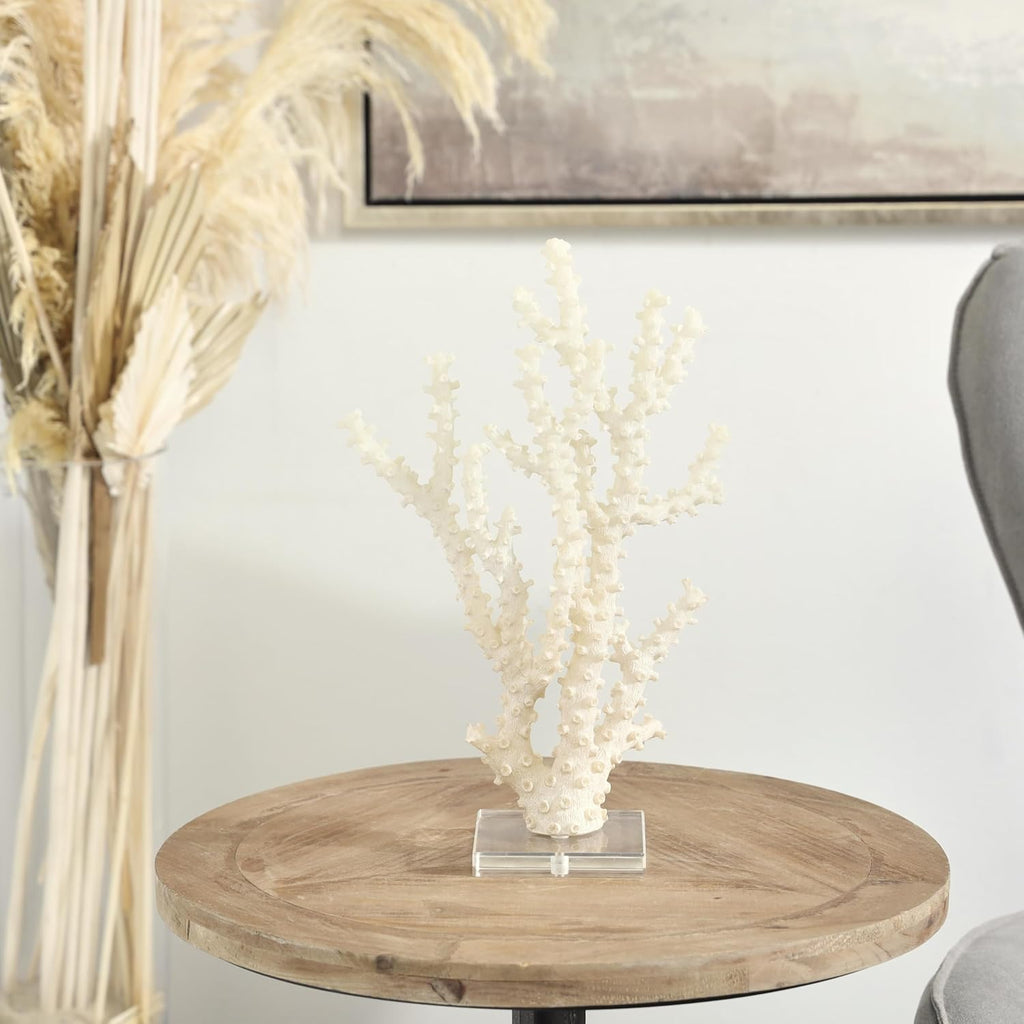 Deco 79 Polystone Coral Decorative Sculpture Home Decor Statue with Clear Acrylic Base, Accent Figurine 9" x 4" x 14", Cream