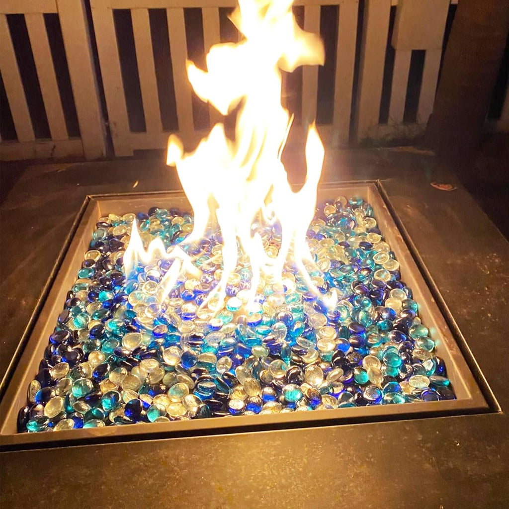Skyflame 10-Pound Blended Fire Glass Beads for Fire Pit Fireplace Landscaping, 1/2-Inch Cobalt Blue, Crystal Ice, Caribbean Blue Luster