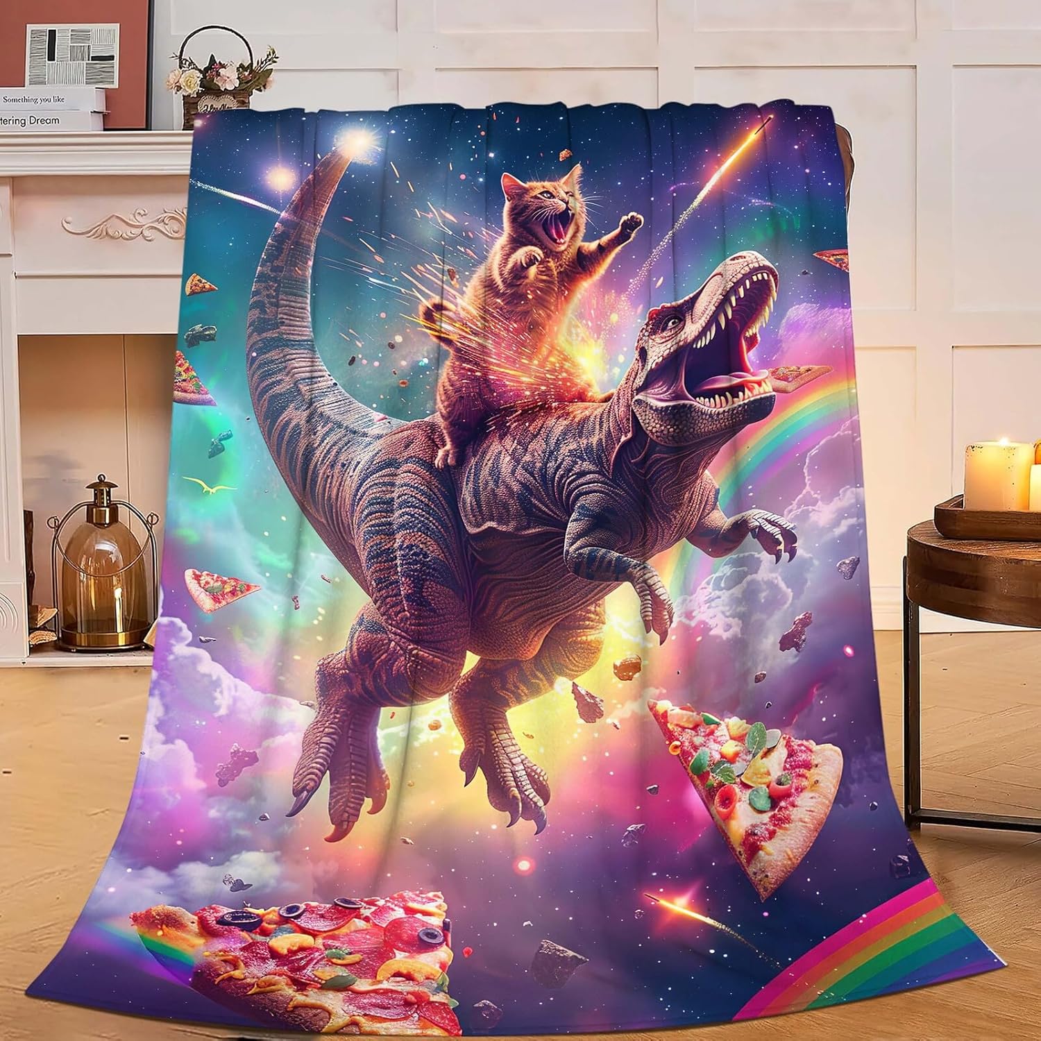 Funny Dinosaur and Cat Blanket Universe Rainbow Pizza Dino Cat Throw Blanket Gifts for Girls Women Kids Adults Super Soft Cozy Plush Fluffy Fuzzy Fleece Blanket Home Decor 40''X50''