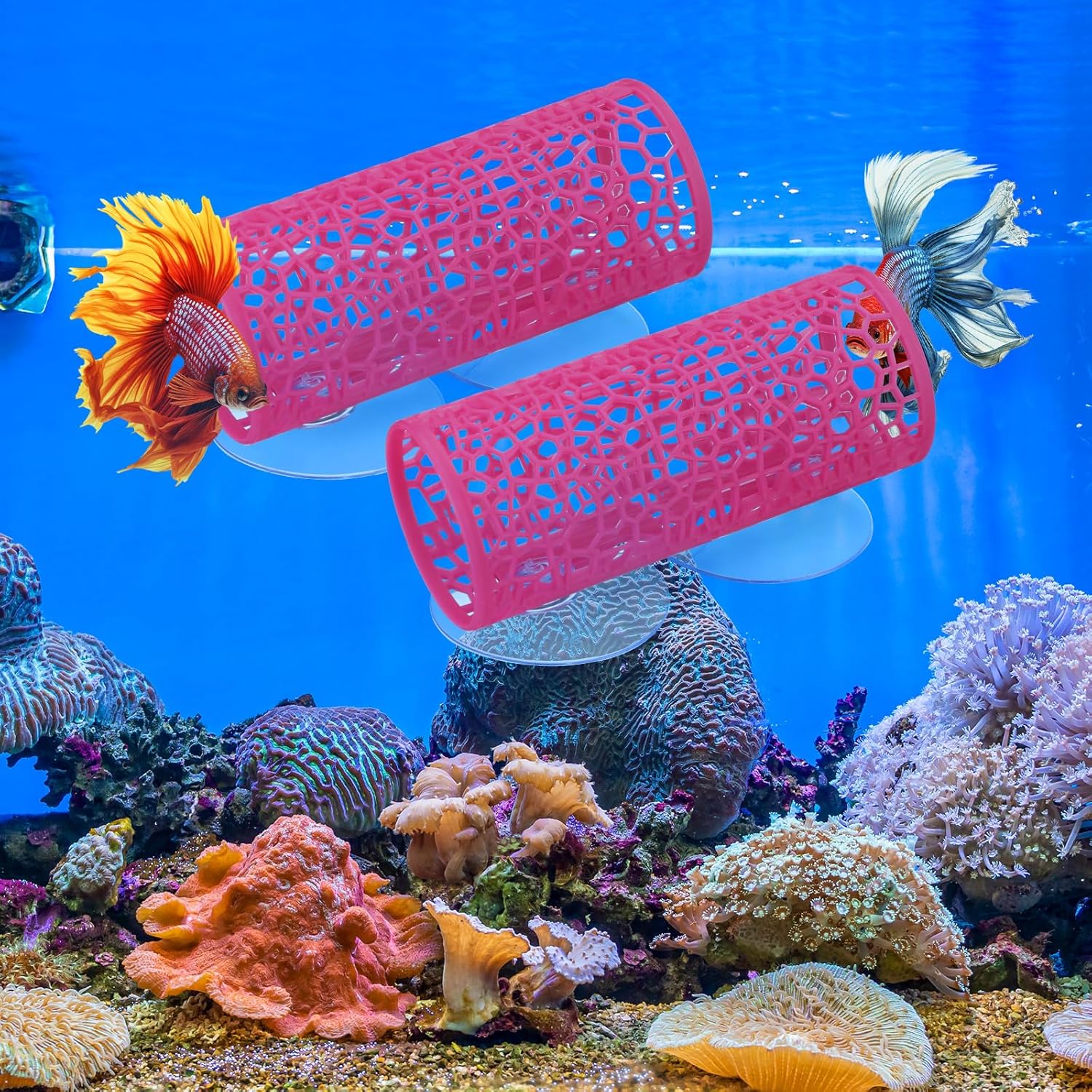 Honeydak 2 Pcs Betta Fish Tank Accessories Betta Tunnel Fish Toys Safe Hollow Hammock Cave Aquarium Decor with Suction Cups for Small Shrimp Reptile Guppies(Pink,Hideout Tube)