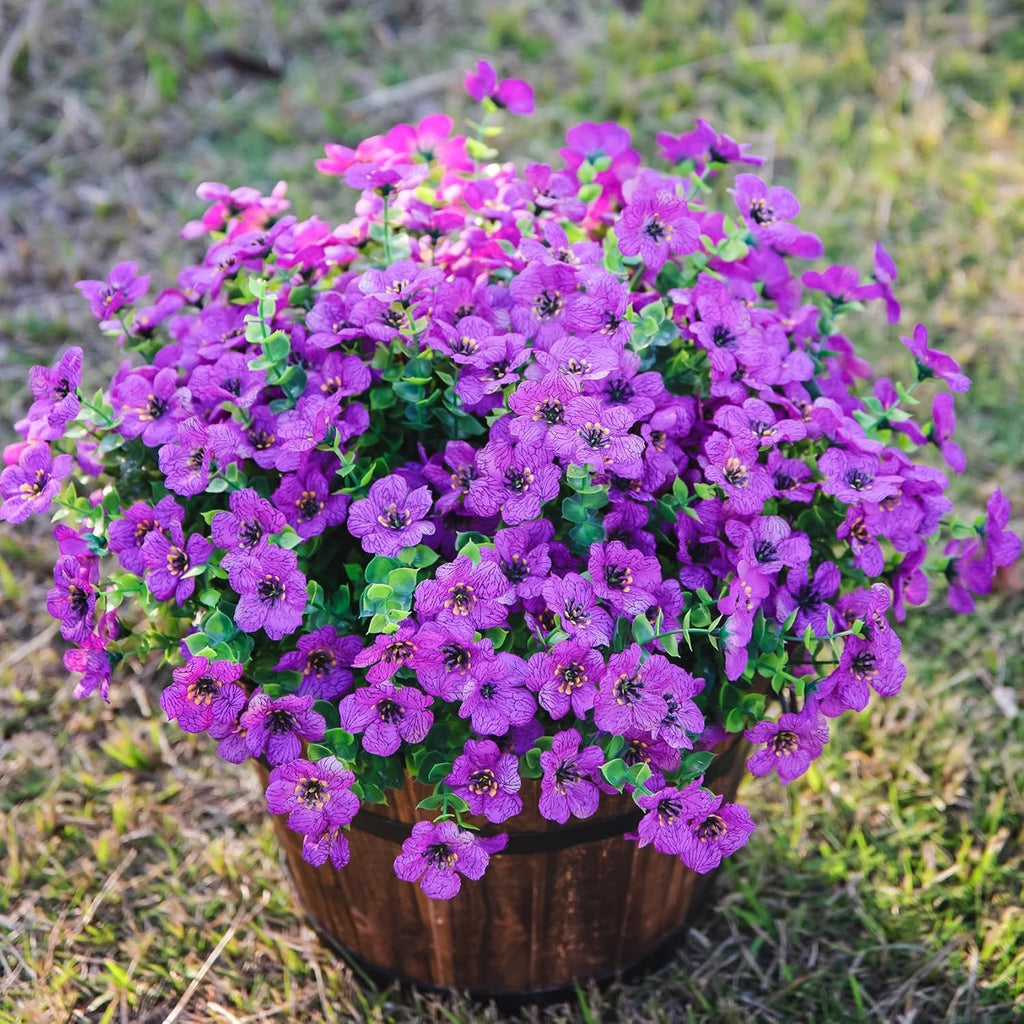 HyeFlora Artificial Flowers for Outdoor Indoor Garden Home Decoration, Faux Flower Daisy with Eucalyptus Leaves Fake Plants Greenery Boxwood Porch Patio, 12 Bundles (Purple)