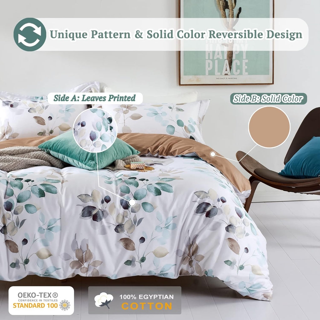 MILDLY 100% Long-Staple Cotton Duvet Cover Set Teal Blue Green Leaf Pattern Printed Comforter Cover 3pcs, Ultra Soft & Breathable Bedding Set