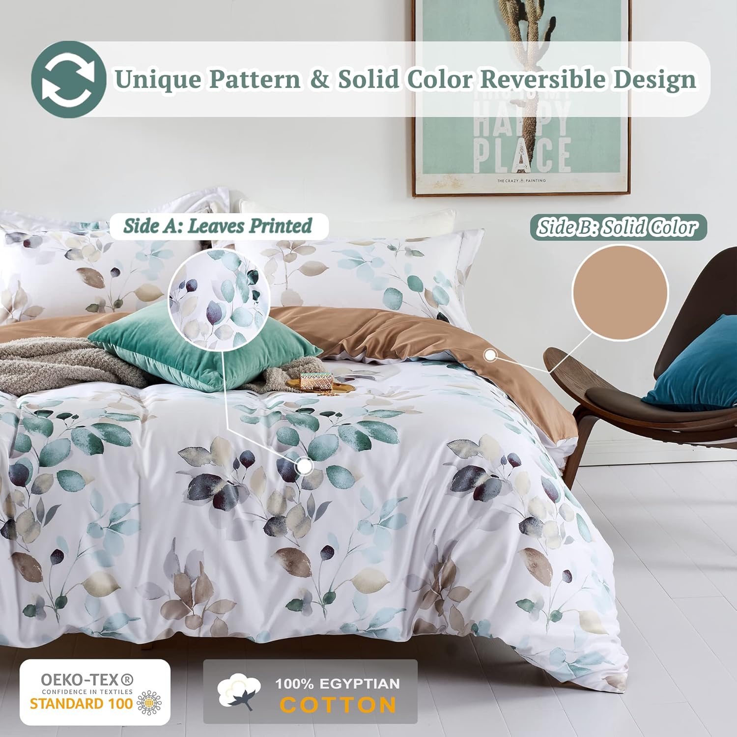 MILDLY 100% Long-Staple Cotton Duvet Cover Set Teal Blue Green Leaf Pattern Printed Comforter Cover 3pcs, Ultra Soft & Breathable Bedding Set