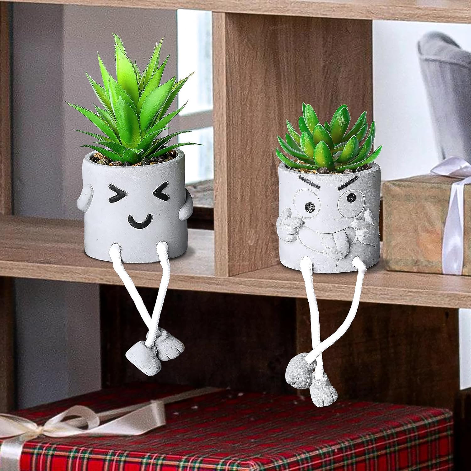 Creative Artificial Succulent Plants in pots - 2 Pieces Mini Fake Plant Faux Succulent Emotional Cement Potted for Home Desk Shelf Kitchen and Office Decor (2PCS)