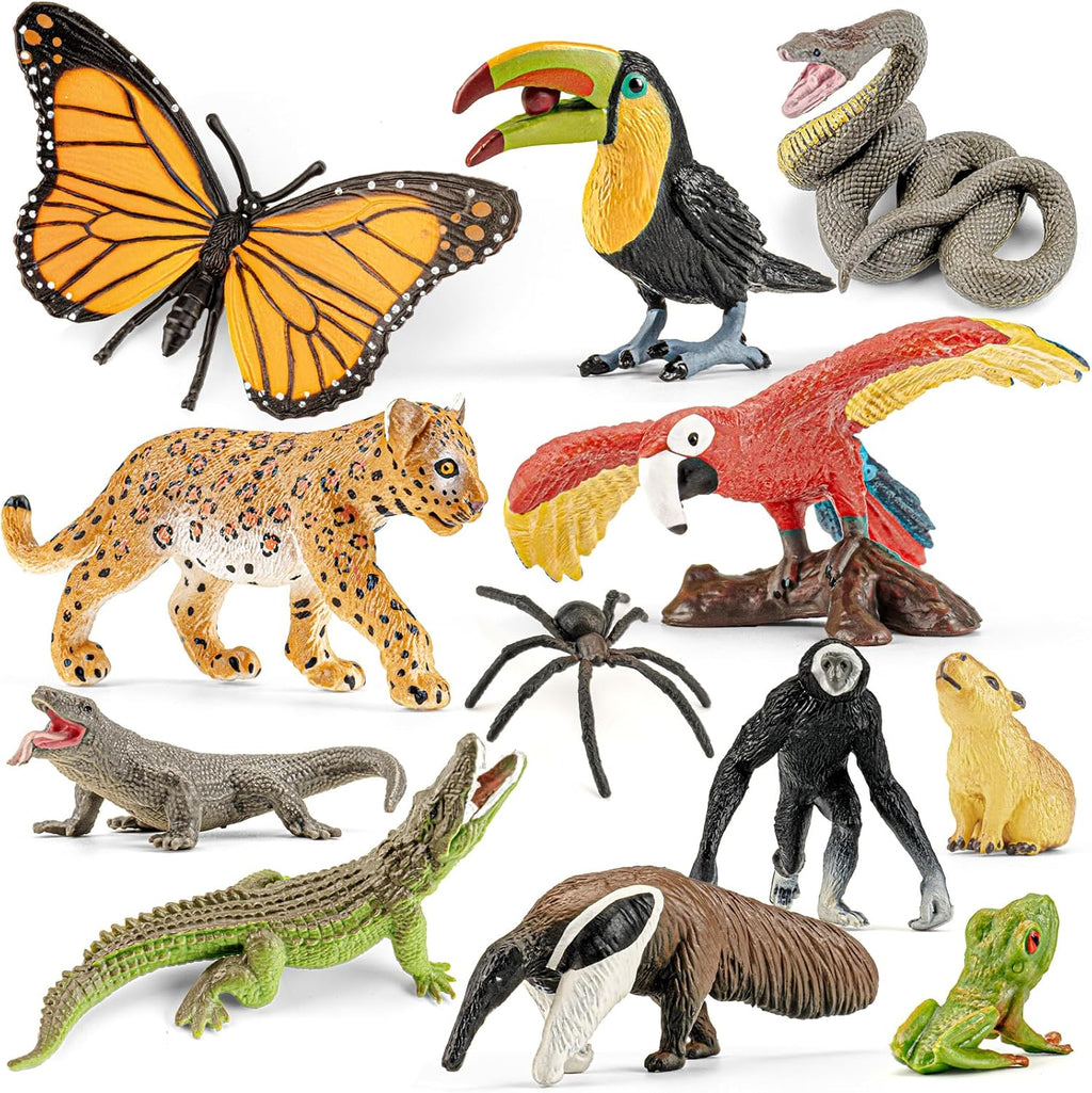 12PCS Realistic Rainforest Animal Figurines Toys, Idea for Rainforest Diorama Supplies Party Favor, Jungle Animals Figures Toys with Trees for Toddlers Kids Boys Girls