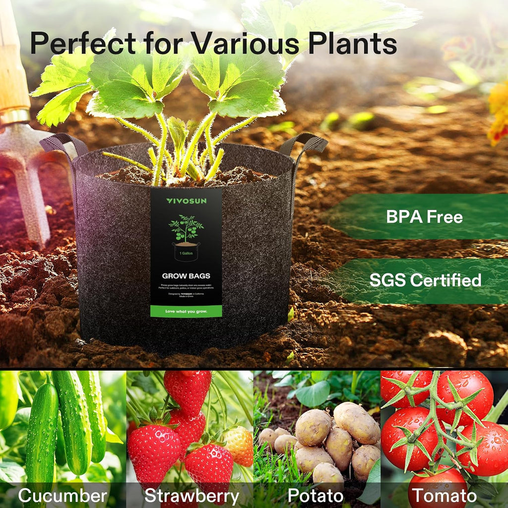 VIVOSUN 20-Pack 1 Gallon Grow Bags, Heavy Duty Thickened Nonwoven Fabric Pots with Handles for Flowers Fruits and Vegetables Black