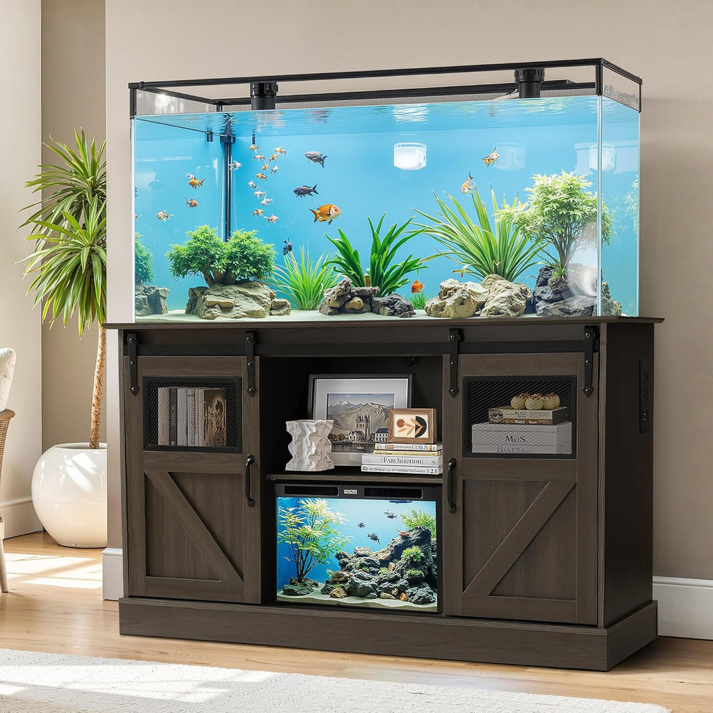 Fish Tank Stand with Power Outlet, Aquarium Stand w/Sliding Barn Doors, 55-75 Gallon Fish Tank Stand w/Cabinet for Accessories Storage for 2 Fish Turtle Tank Reptile Terrarium, 1000 LBS (Gray)