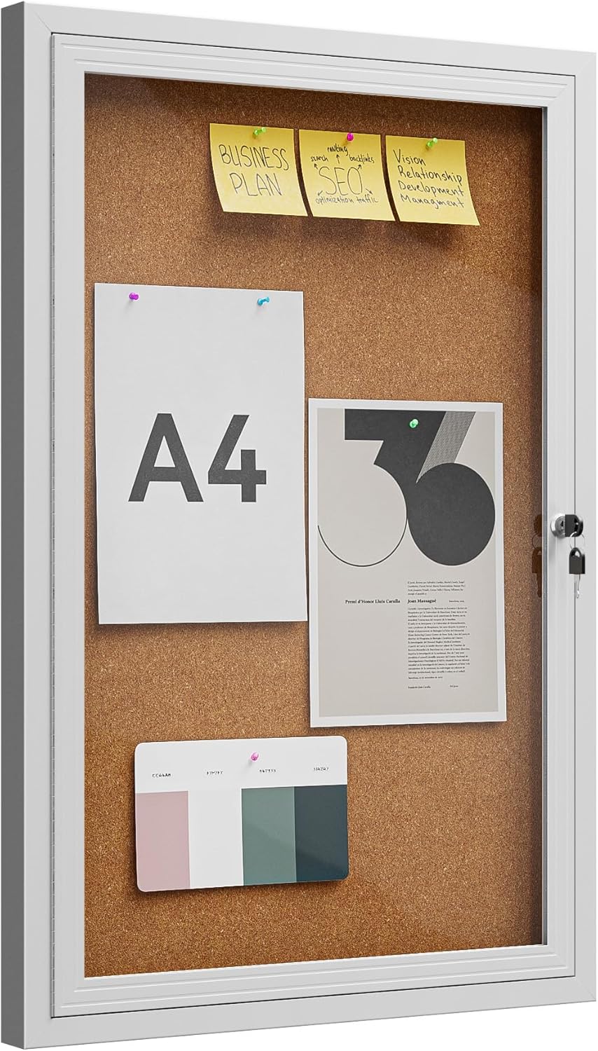 36"x24" Lockable Enclosed Bulletin Board, Outdoor Cork Weather-Resistant Aluminum Frame Notice Board, Wall Mounted Display Case Acrylic Doors for School,Office,Silver Frame w/Cork