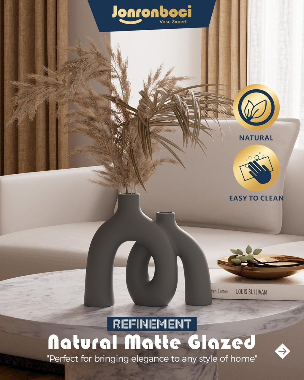 Hug Donut Decorative Vase Set - Dark Gray Modern Minimalism Industrial Style Vases Home Decor, Matte Ceramic Decorations for Living Room Shelf, Bookshelf Mantle Entryway Table or Console Décor(Gray)