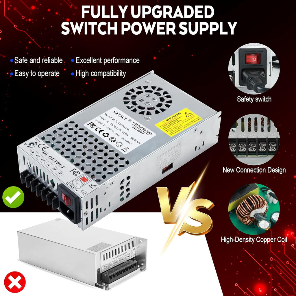 VAYALT 24V 25A 600W DC Switching Power Supply, Universal Regulated Switching AC 110V/220V to DC 24V Transformer, Power Supply for Industrial, CCTV, Computer Project, 3D Printer, LED Strip Light