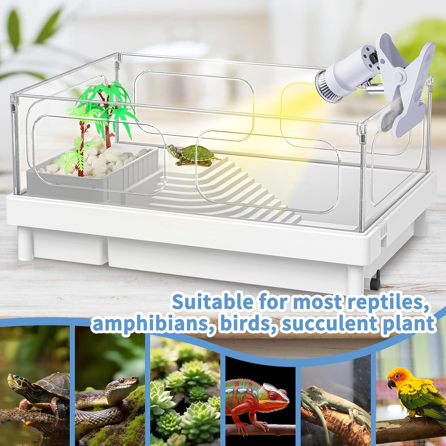 Rotatable Reptile Heat Lamp, UVA/UVB Light Lamp with 2pcs (25W + 35W) Basking Bulbs for Replacement, for Turtle, Lizard, Snake, Reptiles, Bearded Dragon (White)