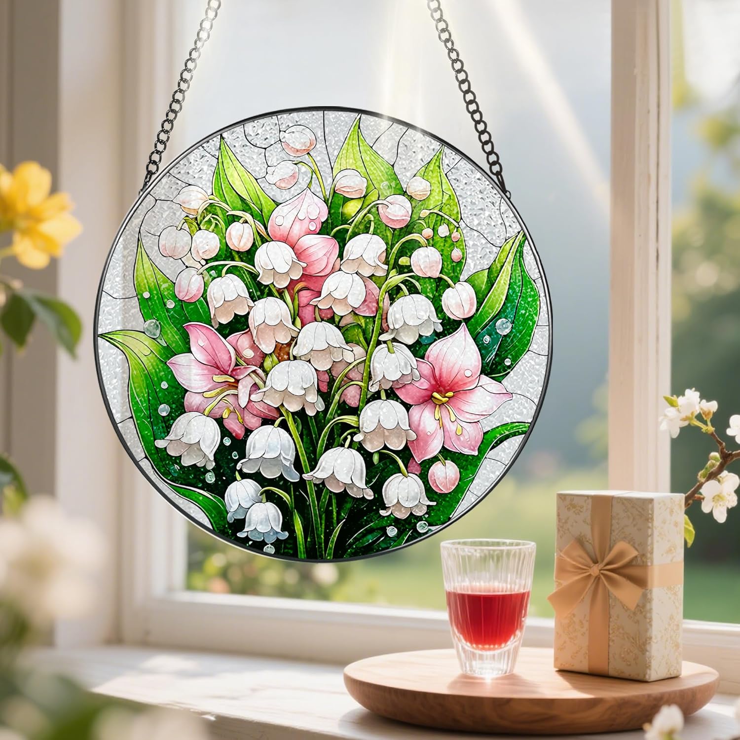 8-Inch Stained Glass Ornament, Stained Glass Window Hanging, Window Hanging Decor Suncatcher, The Valley Lily Flower Ornament | Holiday, Mother's Day, Birthday | Gifts for Flower Lovers, Mom & Grandma