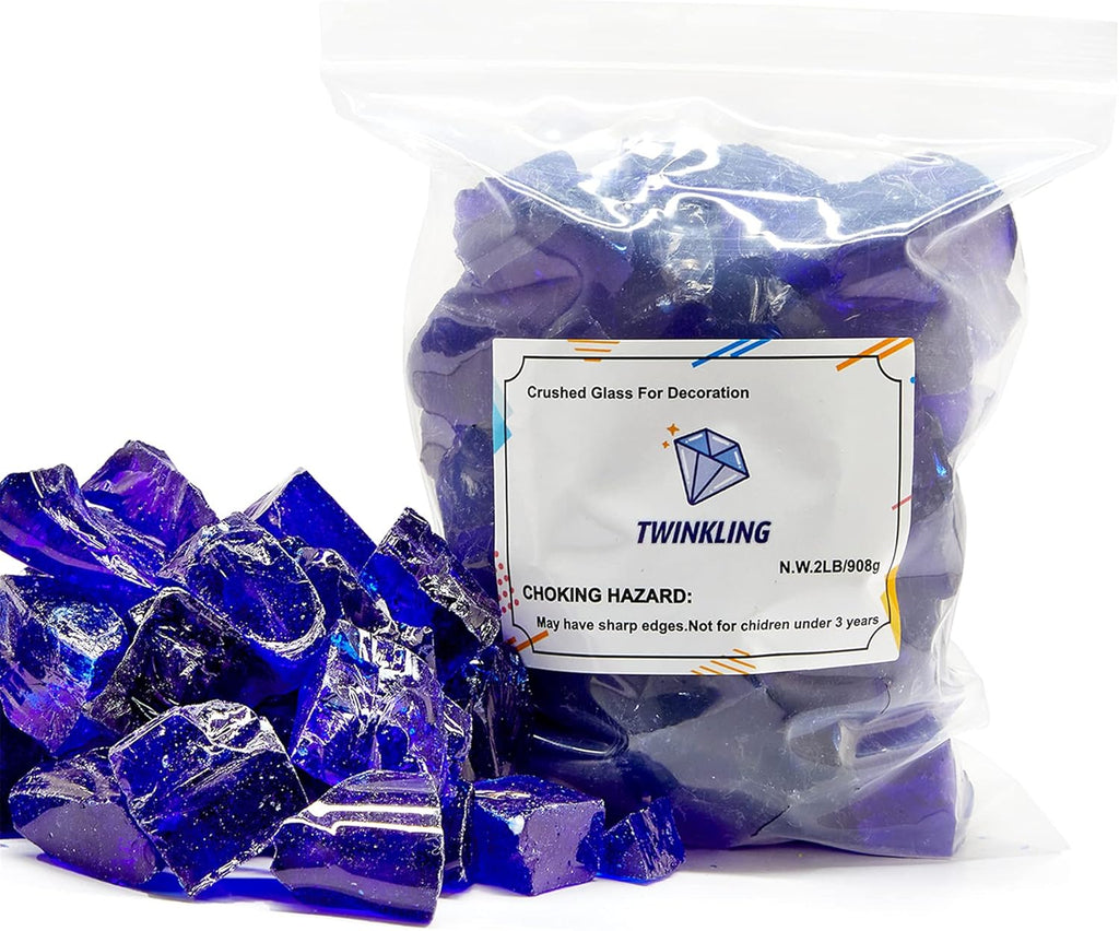 TWINKLING High Luster Fire Glass Gravel Stone,Broken Glass,Fire Pit Glass,Crushed Glass for Fireplace Pit Aquarium Garden Decoration,1-3cm,2-Pound Jar (Cobalt Blue)