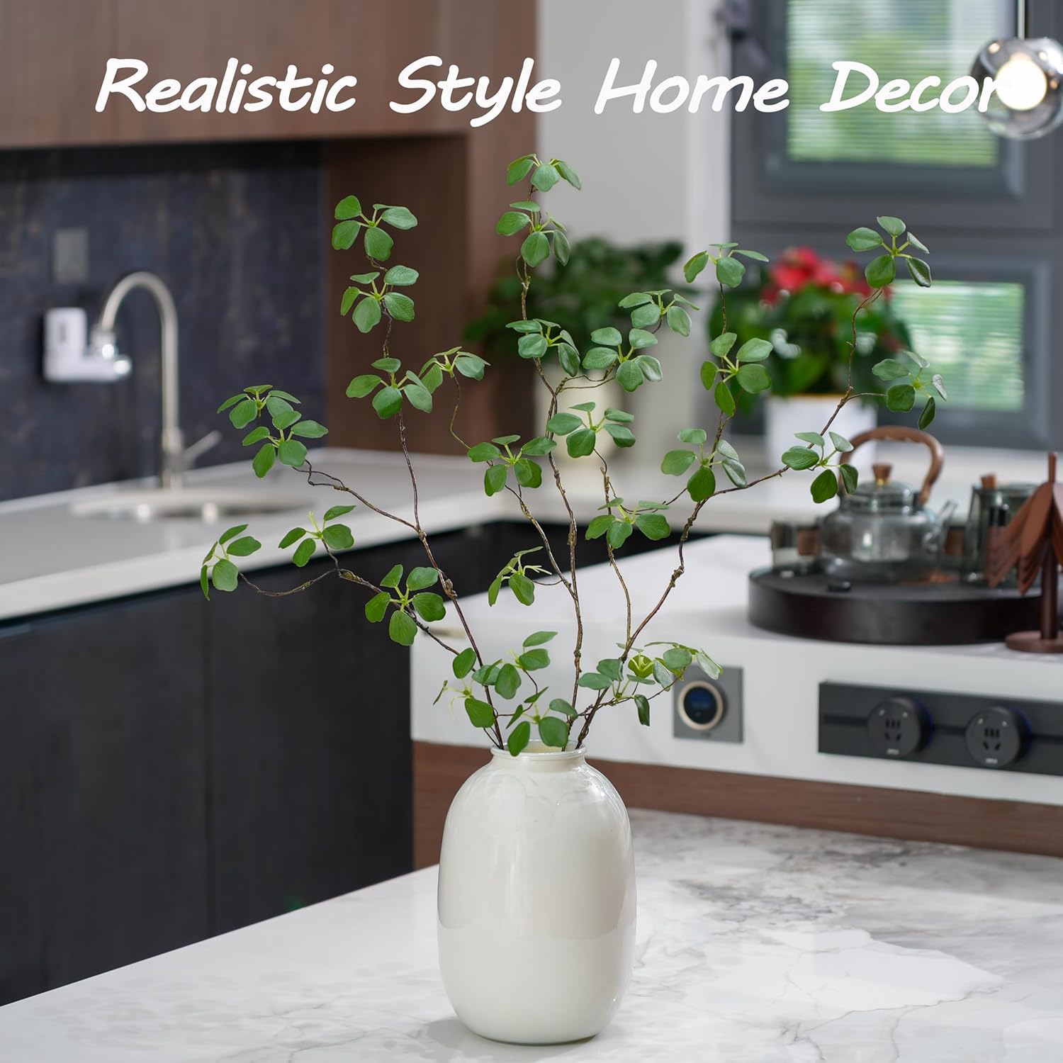 4PCS Faux Eucalyptus Stems with Leaf, 33.5" Fake Greenery Stems Artificial Plants Stems for Vase Filler Decoration, Faux Bendable Branches for Centerpieces Decor