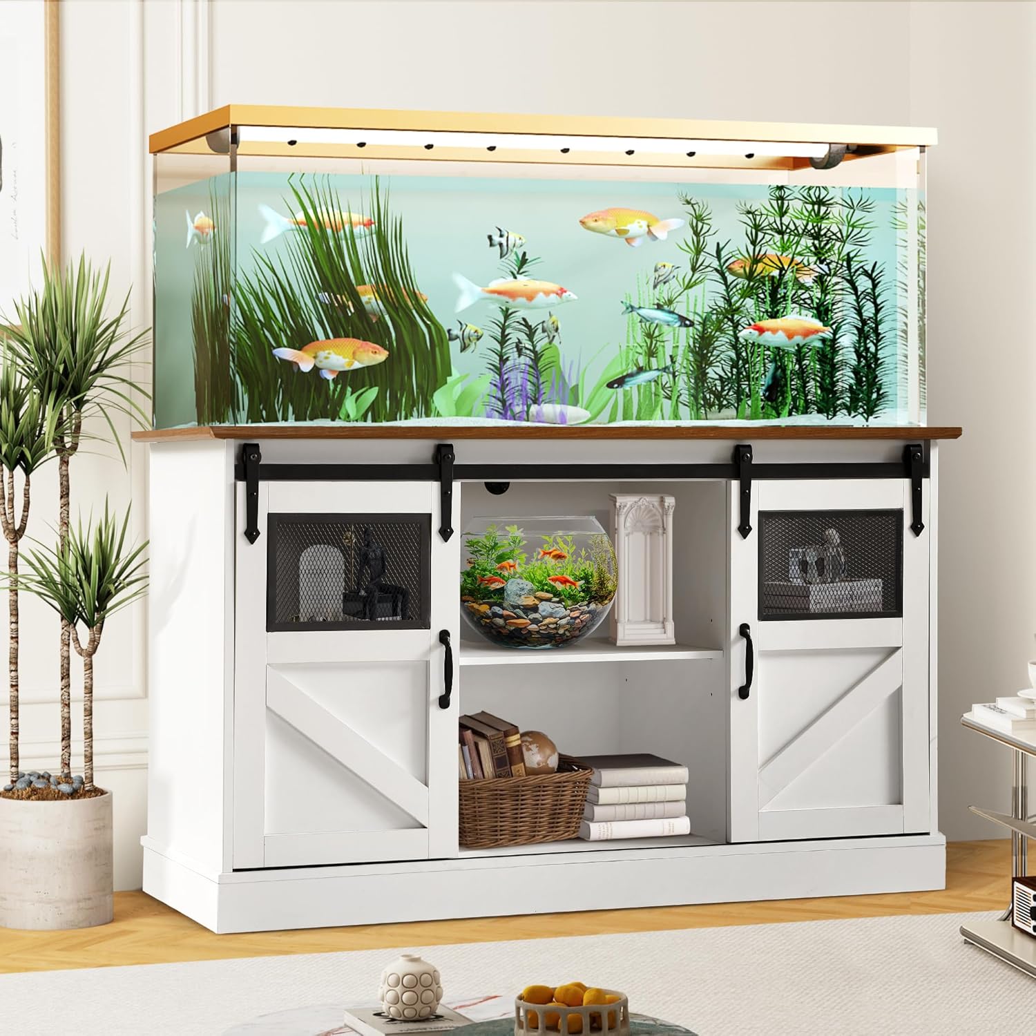 TITIMO 55-75 Gallon Fish Tank Stand with Power Outlet, Heavy Duty Large Aquarium Stand with Sliding Barn Door and Cabinet Storage for 2 Fish Tank Turtle Tank Reptile Terrarium, 1300LBS Capacity(White)