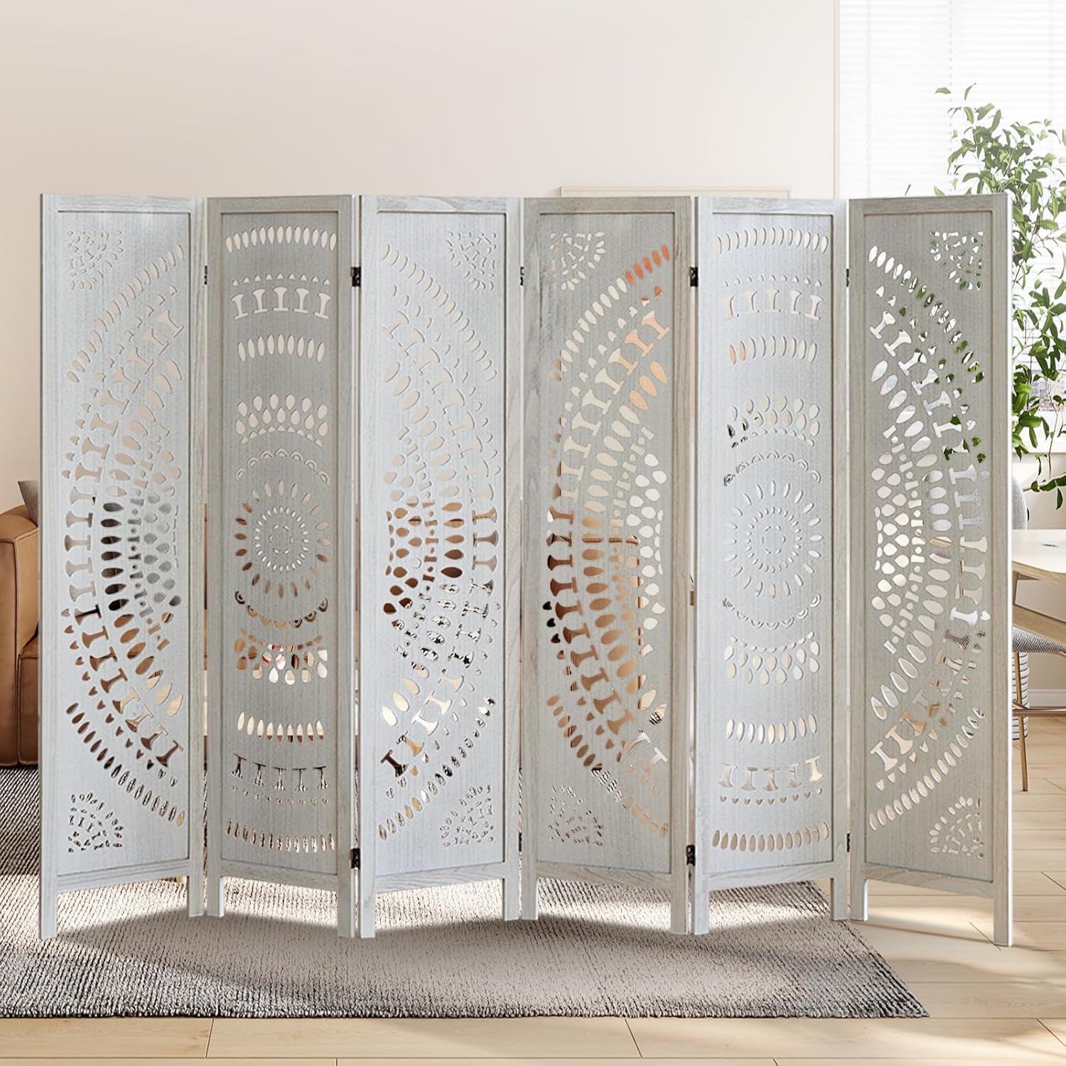 6 Panel Room Divider, Wood Carved Room Divider and Privacy Screen, Folding Room Partition Screen for Room Separation Home Bedroom Office Restaurant Portable Freestanding (Retro White)