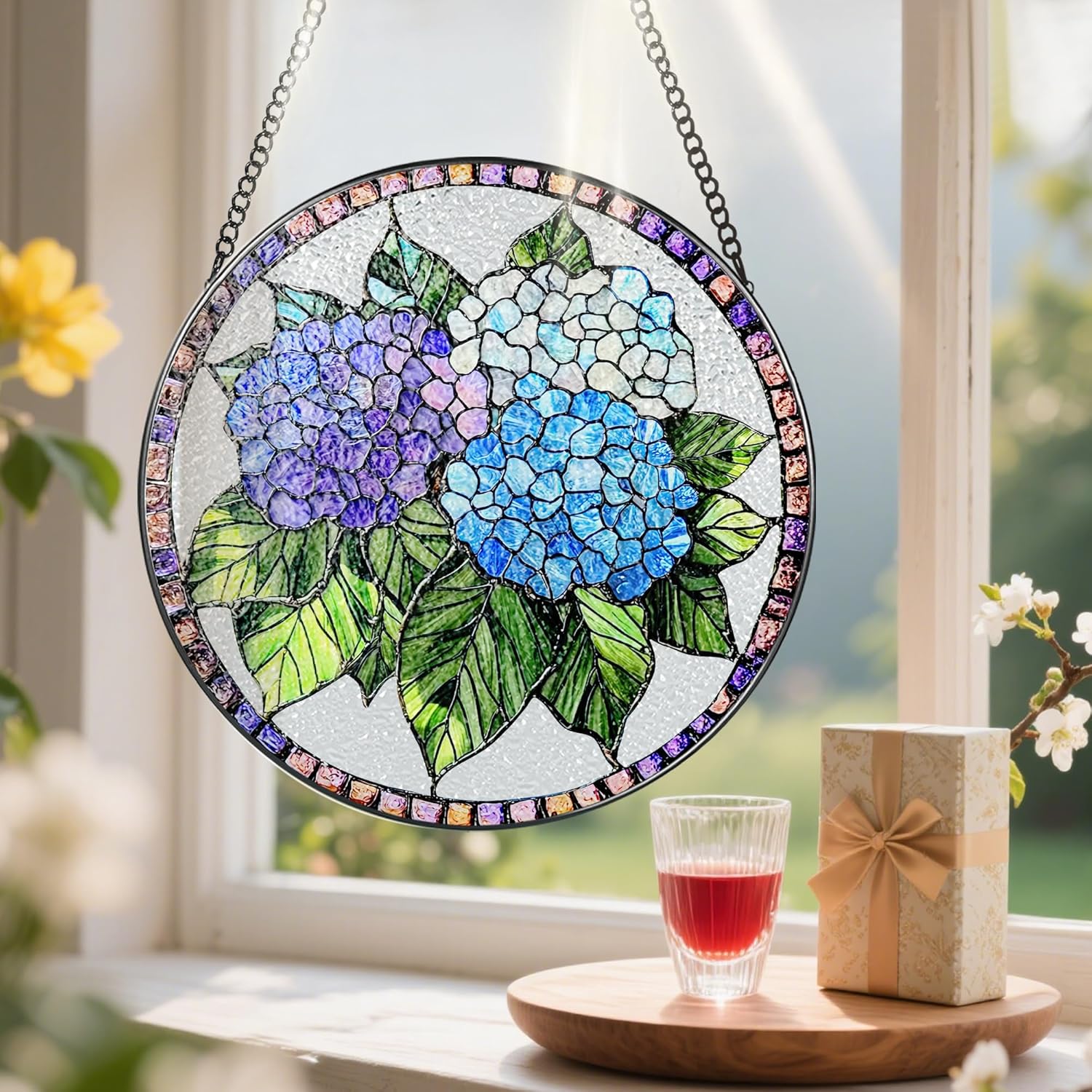 8-Inch Stained Glass Ornament, Stained Glass Window Hanging, Window Hanging Decor Suncatcher, Blue Hydrangea Ornament | Christmas, Mother's Day, Birthday | Gifts for Mom, Garden Gifts for Friends