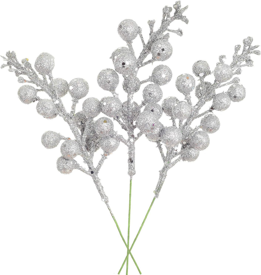 14 Pack Christmas Glitter Berries Stems Clearance, 7.8 Inch Artificial Christmas Picks for Christmas Tree Ornaments, DIY Xmas Wreath, Crafts, Holiday and Home Decor, Silver
