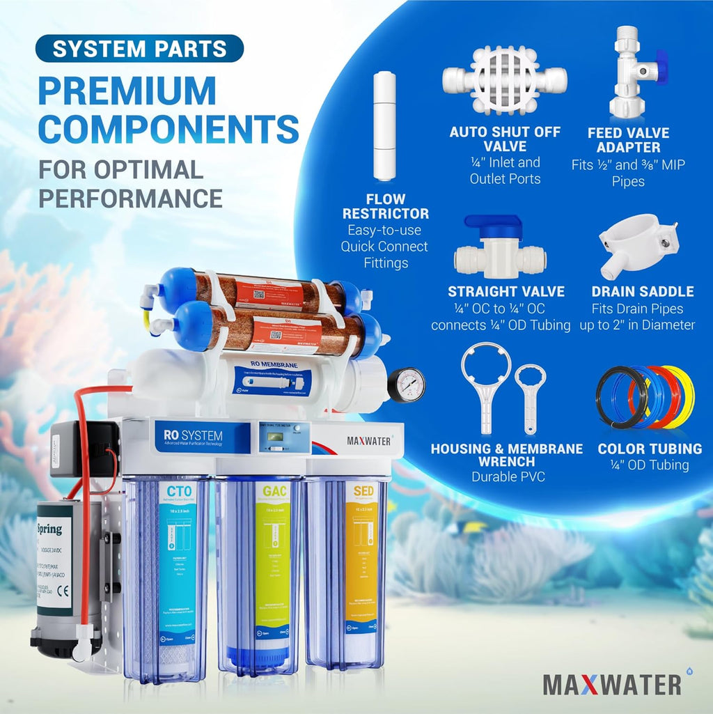 Max Water 6 Stage 200 GPD (Gallon Per Day) RODI (Reverse Osmosis Deionization) Water Filtration System + Digital TDS Meter + Booster Pump for Aquarium