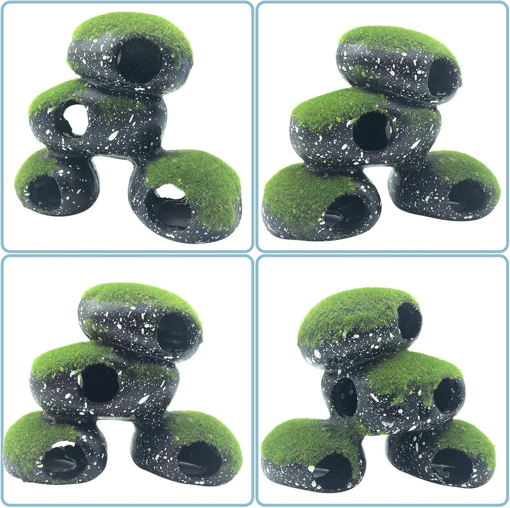 PINVNBY Stone Aquarium Hideaway Decoration Resin Cichlids Rock Decor with Artificial Moss Betta Cave Hideout Shelter Tunnel Fish Tank Ornament for Shrimp,Short Bream and Crayfish(L)