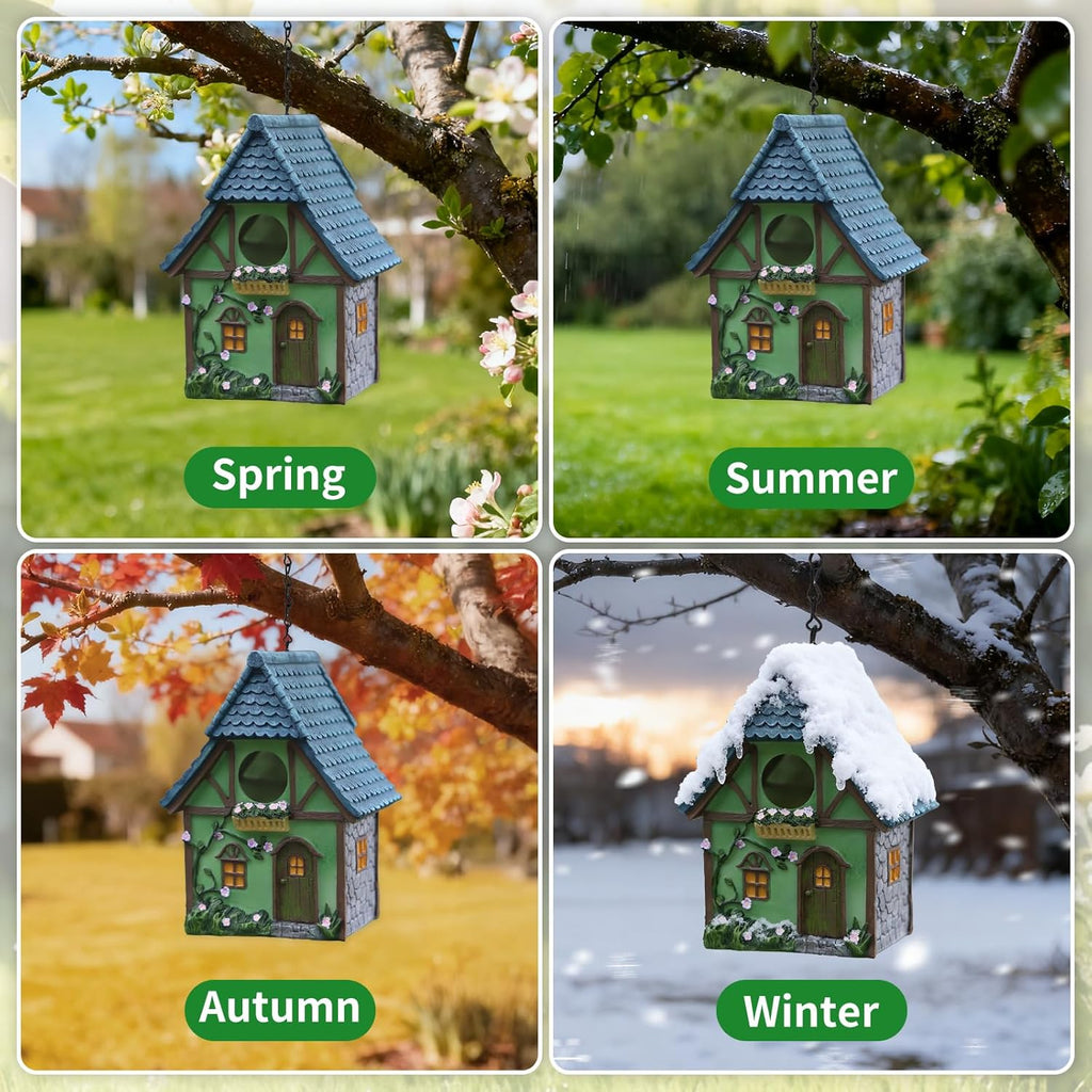 Bird Houses for Outside Cottage Garden Birdhouse –Green Resin Bird Houses with Flower and Stone Details for Hummingbird Finches Cardinals Bird Nesting Garden, Patio, Yard