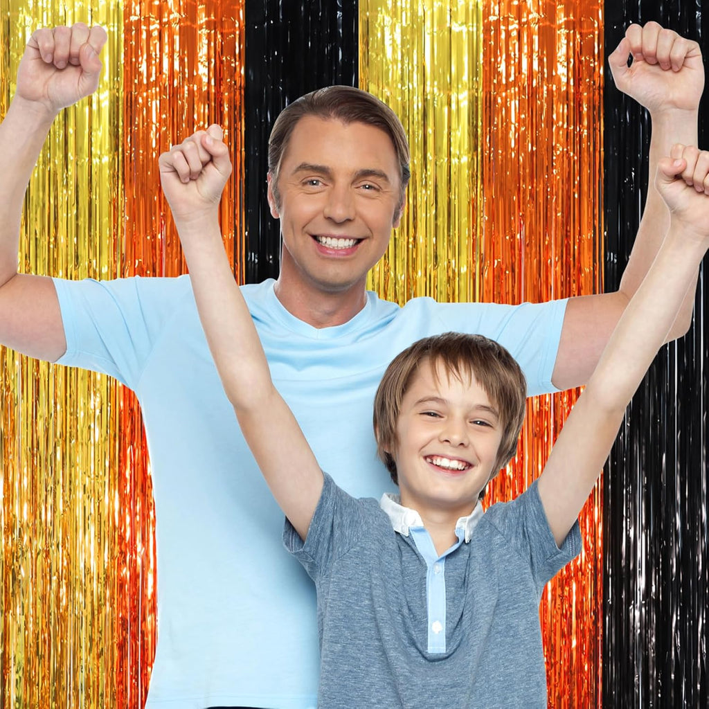 2 Pack Black Gold Orange Foil Fringe Backdrop Curtains, Tinsel Streamers Party Decorations, Fringe Backdrop, Door Shimmer for Construction or Birthday Party