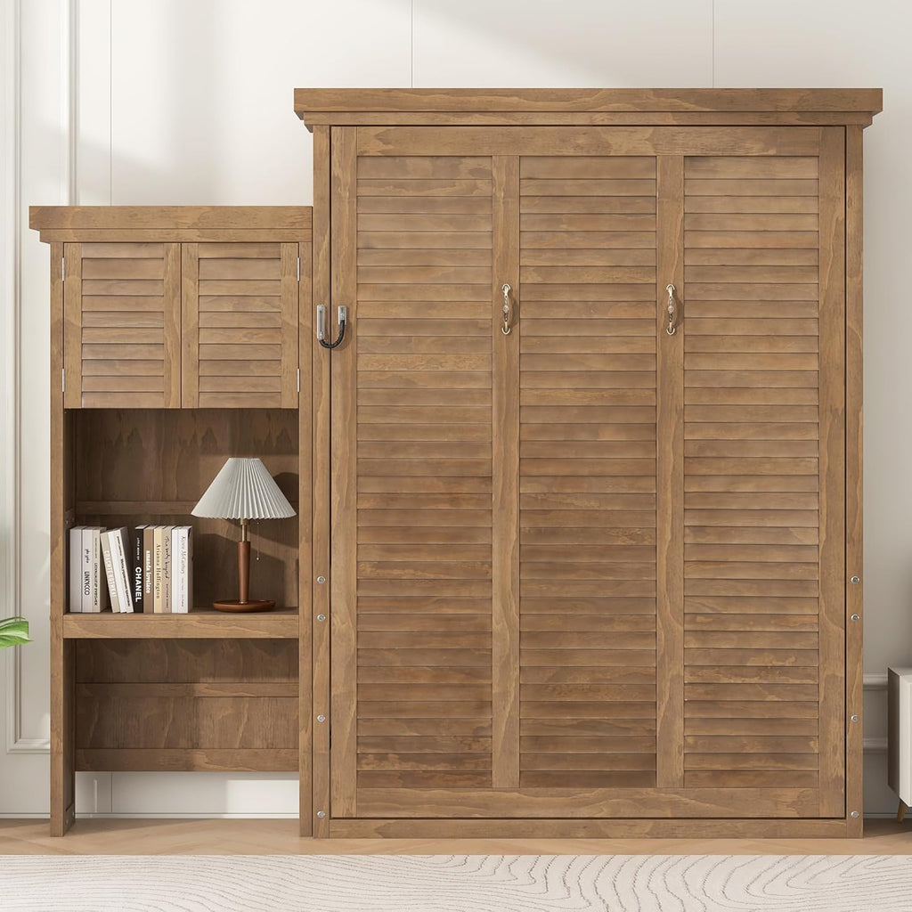 Merax Queen Size Murphy Bed with Multiple Storage Shelves,Wall Bed with Louvered Style Decoration,Wood