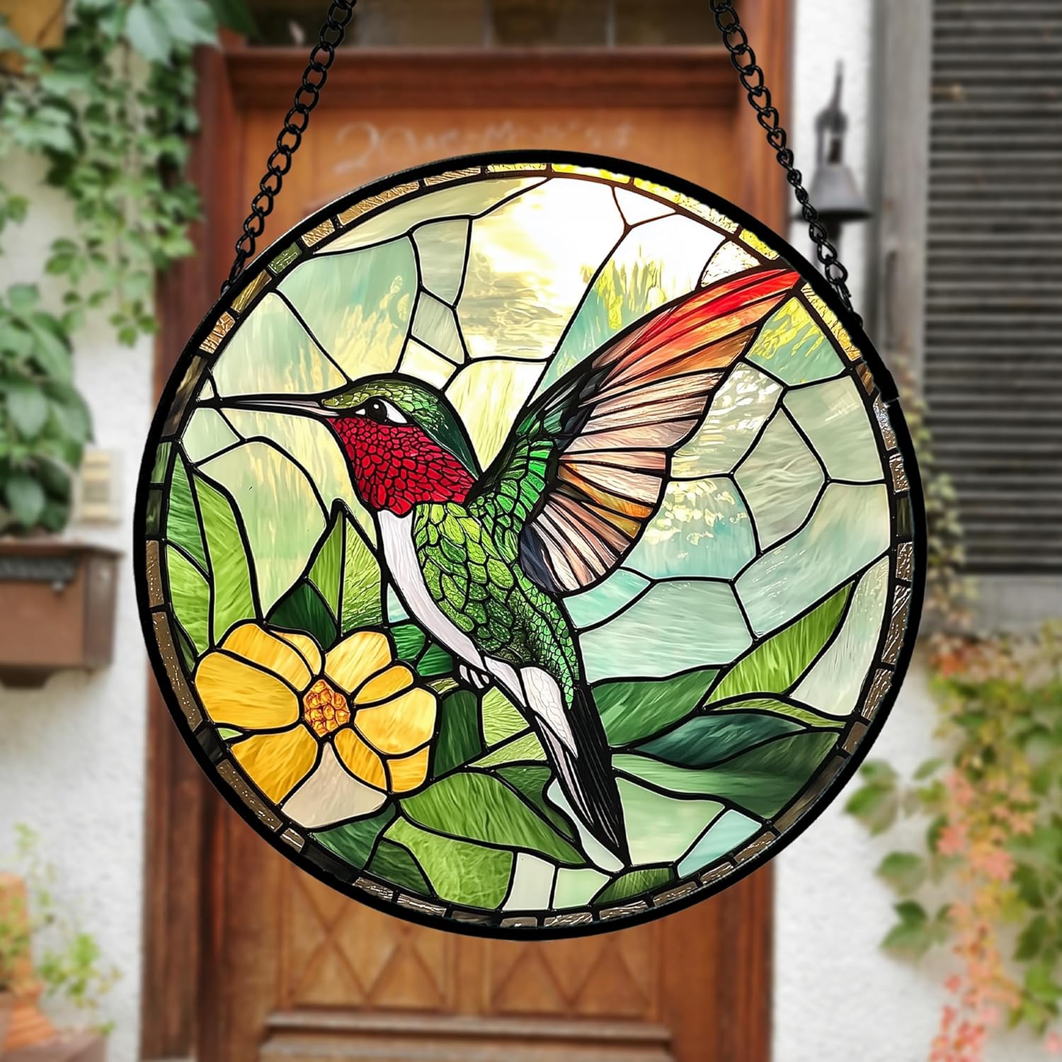 Stained Glass Window Hanging, Green Hummingbird Sun Catcher for Door Home Decor, Birds Suncatcher Christmas Mother's Day Birthday Gifts for Bird Lovers Women Men Mom and Nana 7.8 in