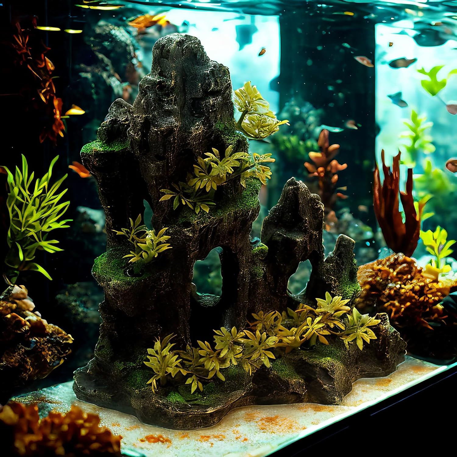 Aquarium Decorations Large Mountain View Stone Ornaments, Fish Tank Decorations Extra Large and Tall Aquarium Decor for Fish Tank Hideout Tree House Rock Cave for Small Fish Betta Hideaway Cave