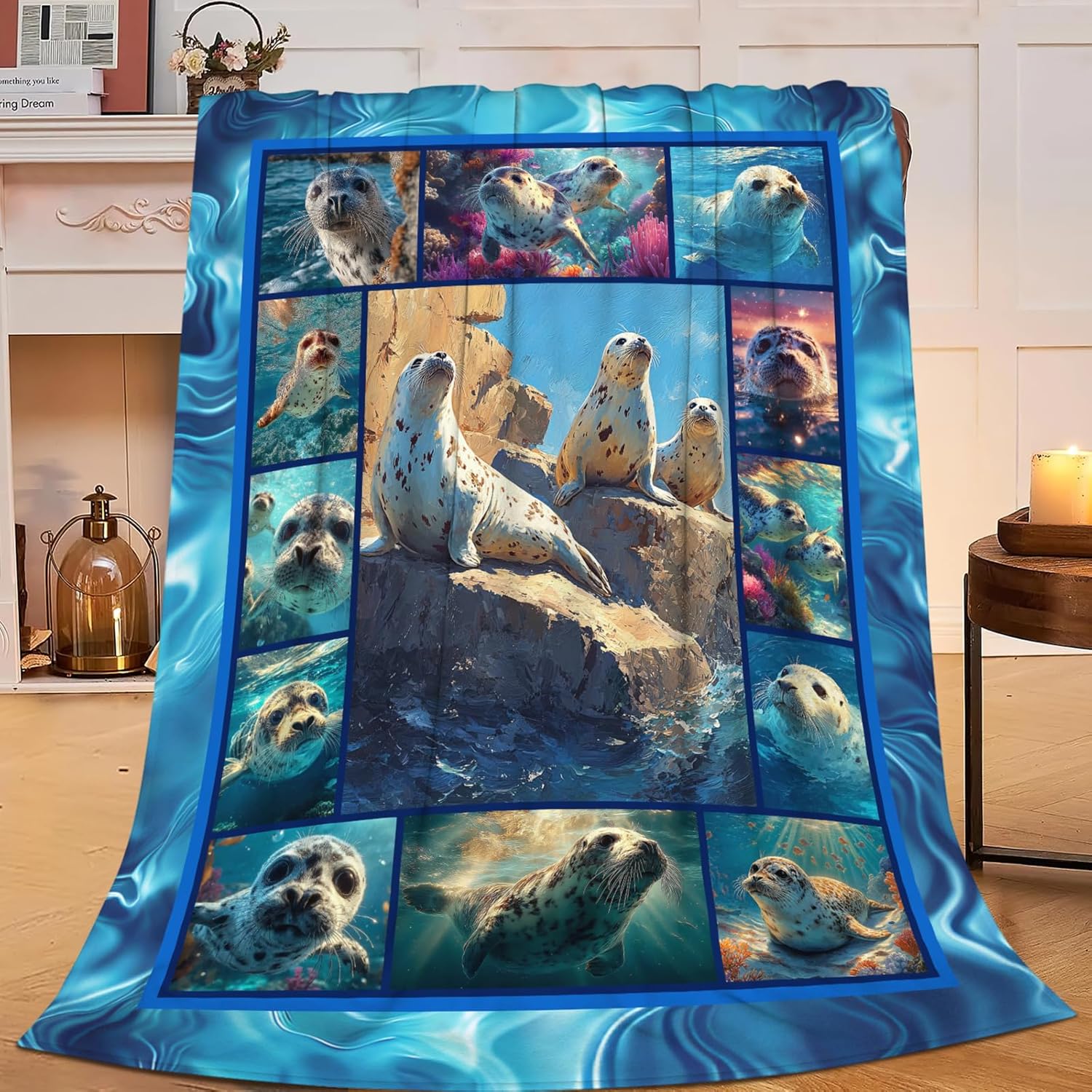 Seal Throw Blanket Ocean Seal Stuff Gifts for Kids Girls Boys Adults Women Men Soft Cozy Warm Plush Fluffy Fuzzy Fleece Blanket Decor 60''X80''