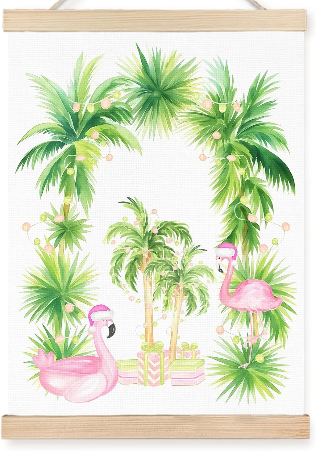 FDHSPAAM Pink and Green Christmas Flamingo Wall Art Decor, Tropical Christmas Decorations, Preppy Xmas Bird Palm Beach Wall Art Posters for Home Bedroom Living Room, 12x16 Inch