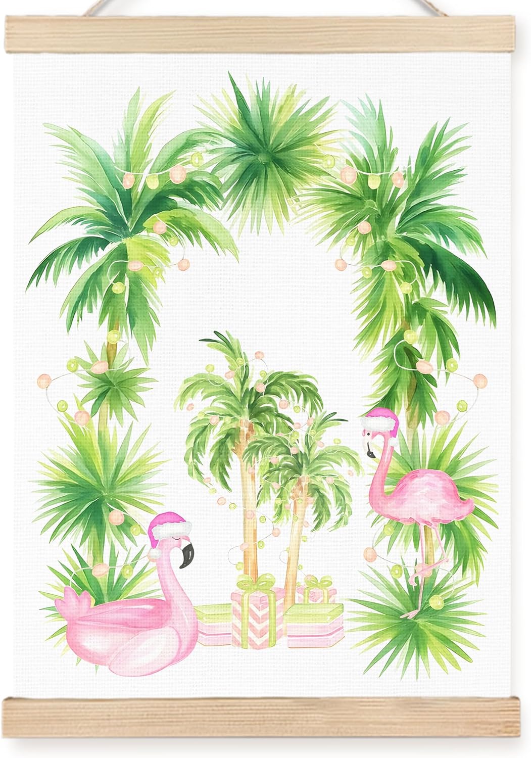 FDHSPAAM Pink and Green Christmas Flamingo Wall Art Decor, Tropical Christmas Decorations, Preppy Xmas Bird Palm Beach Wall Art Posters for Home Bedroom Living Room, 12x16 Inch