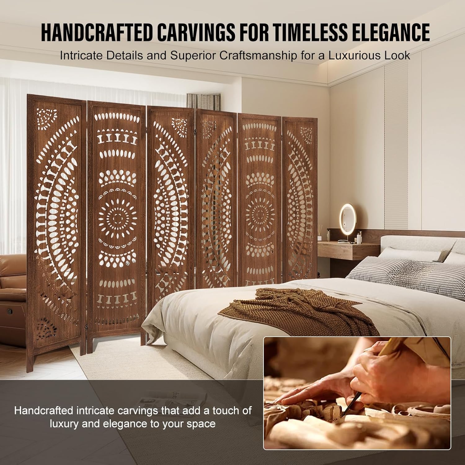 6 Panel Wood Room Divider Fully Assembled, Decorative Room Dividers and Folding Screens, 5.6Ft Room Divider Screen Freestanding Partition Wall Dividers for Home Bedroom Office, Dark Brown