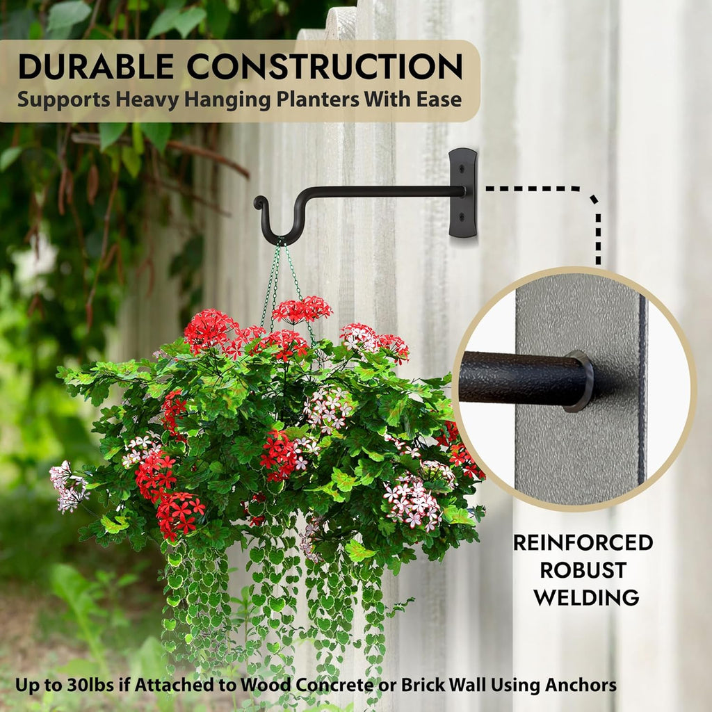 RTZEN Plant Hangers Indoor or Outdoor - Wrought Iron Metal Hanger Indoor Hook - Heavy Duty Wall Bracket Hooks for Hanging Plants Baskets Lanterns Wind Chimes - 2 Pack (Black Shepherds Hooks)