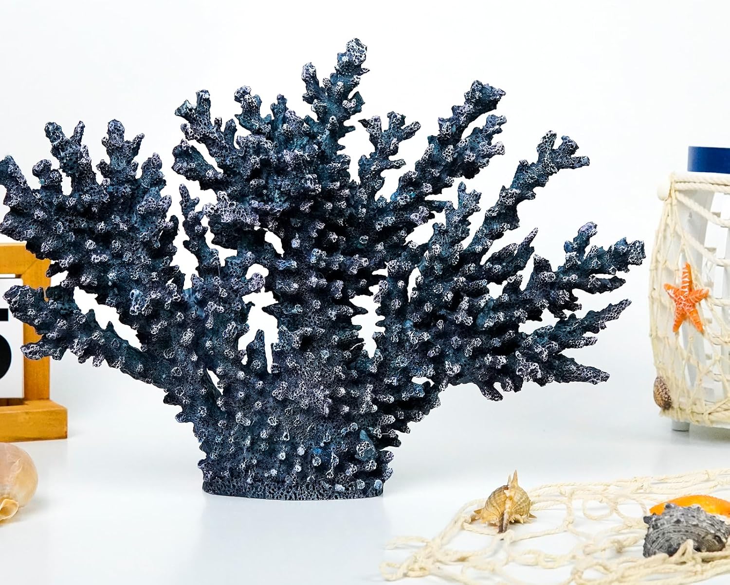 Coral Beach Decor,13.5'' Width x 10'' High Artificial Resin Coral Reef Statue for Ocean Coastal Beach Nautical Themed Room Bathroom Decor for Home, 1008B Blue;