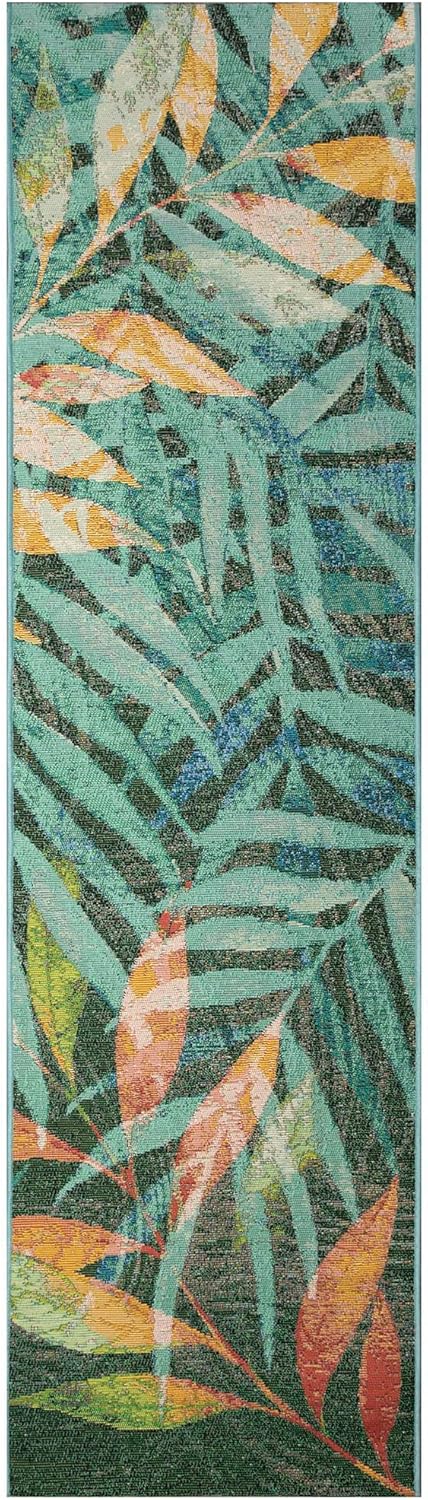 Liora Manne Marina Indoor/Outdoor Power Loomed Synthetic Blend Low Profile Area Rug - Contemporary Graphic Botanical Floral Colorful (Leaves Blue) (1'11" x 7'6")