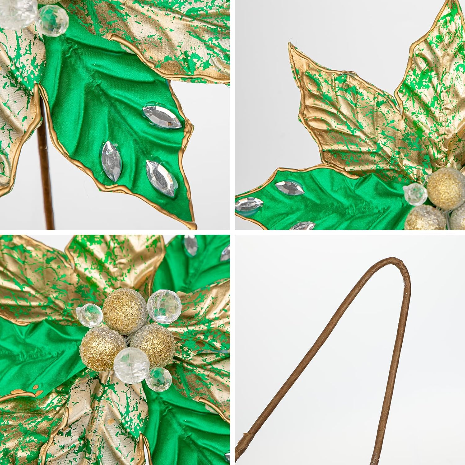 Hollyone 3PCS Poinsettia Christmas Flowers Artificial 11" Large Green and Gold Glitter Poinsettia Flowers Christmas Tree Ornament Floral Picks for Tree Wreath Garland Vase Table Centerpiece Home Decor