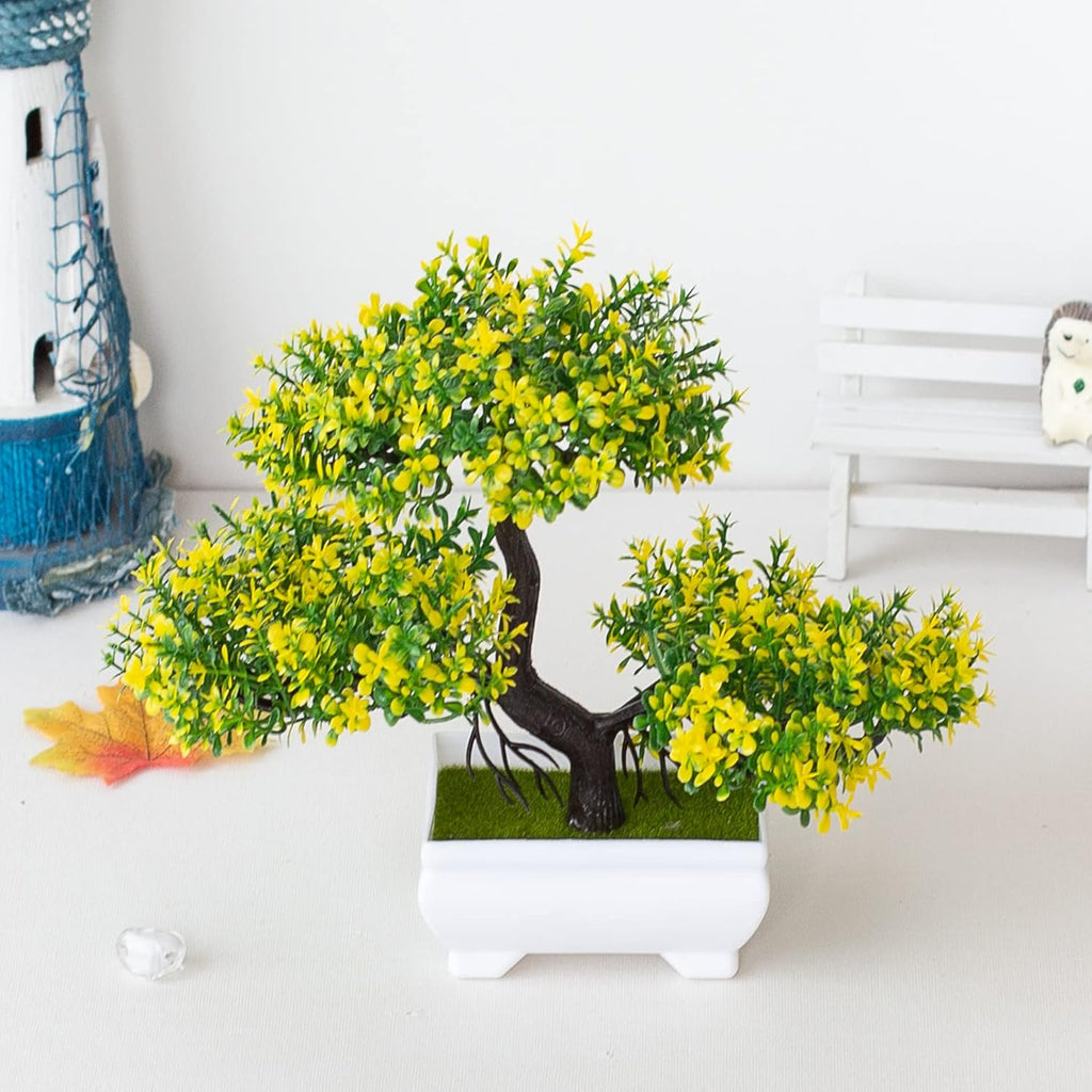 Mini Artificial Bonsai Tree Plants Artificial Plant Welcome Pine Tree with Plastic Cement Pots for Home Office Décor (Yellow)