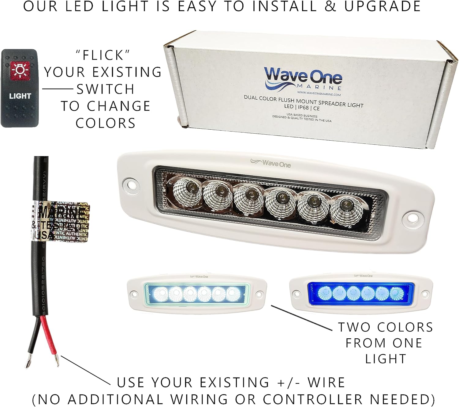 Wave One Marine Dual Color LED FLUSH Mount Spreader Light | Boat Deck Flood Beam | Stainless Hardware | IP68 Waterproof | High Lumen | 12-24 Volt DC Input (WHITE)
