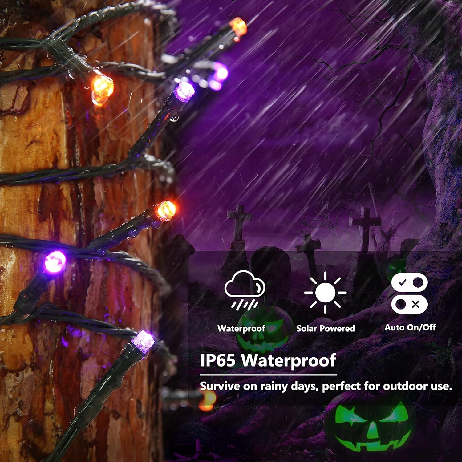 Joomer 2 Pack Orange Purple Halloween Solar String Lights, Total 144 FT 400 LED 8 Modes Waterproof Solar String Lights Outdoor for Halloween Decorations