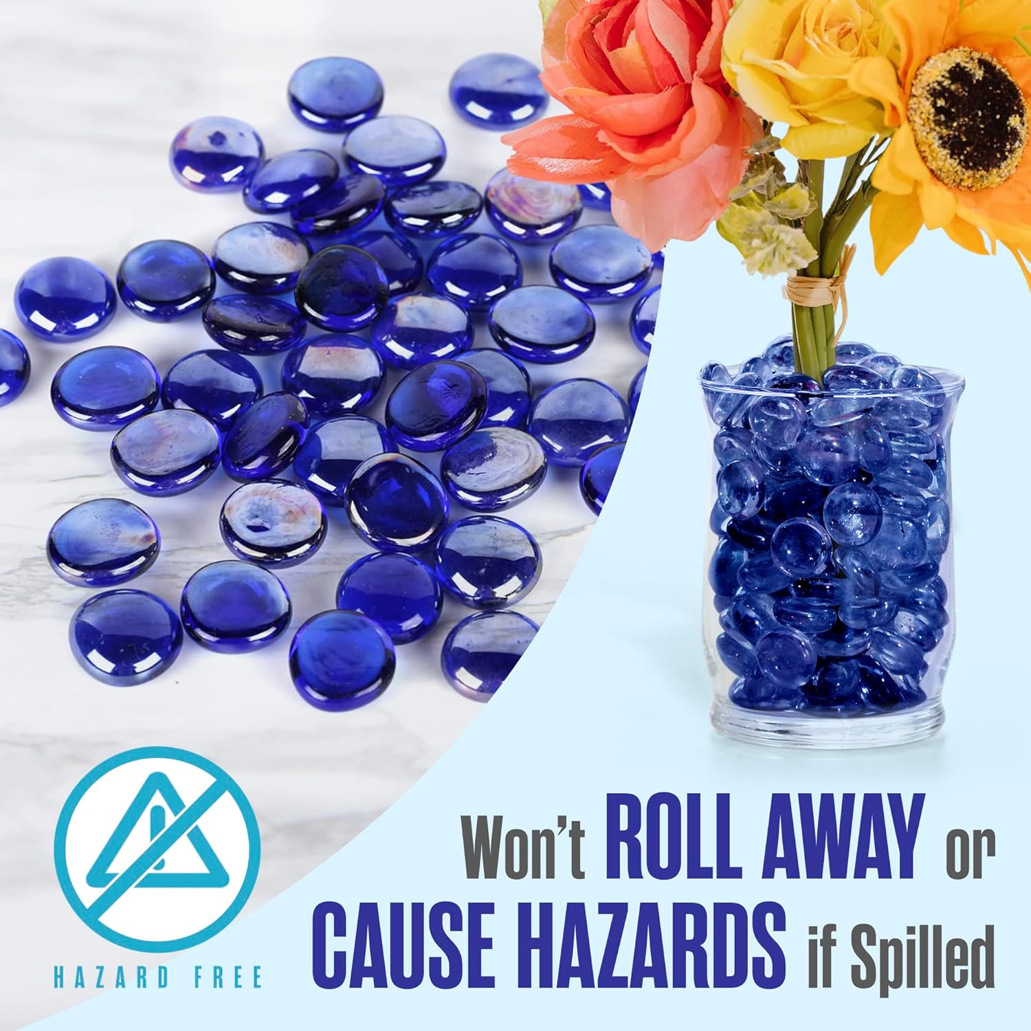 Houseables Glass Beads for Vases, Marbles for Vases, Glass Marbles, Filler, Blue Beads, Flat, Blue Gems, Crafts, Pebbles, Stones, Decorative Rocks, Plants, Florist, Floral, Fishbowl, 5 LBS, 400-500 PC