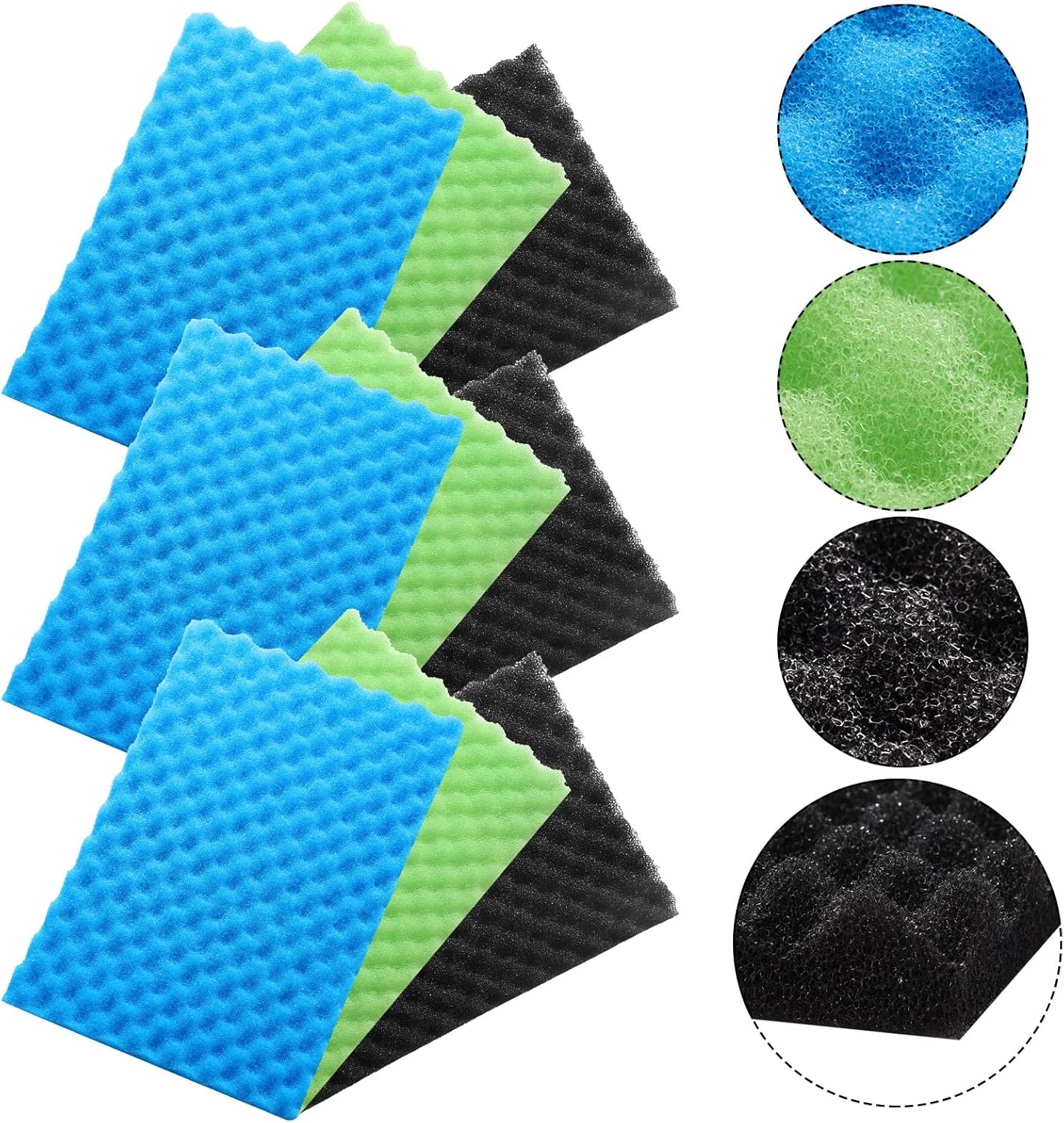 9 Pcs Fish Pond Foam Aquarium Filter Sponge Wave Shape Coarse Foam for Fish Tank Sump Pond 17 x 11 Inch x 1/2 to 1 Inch, Black, Green, Blue