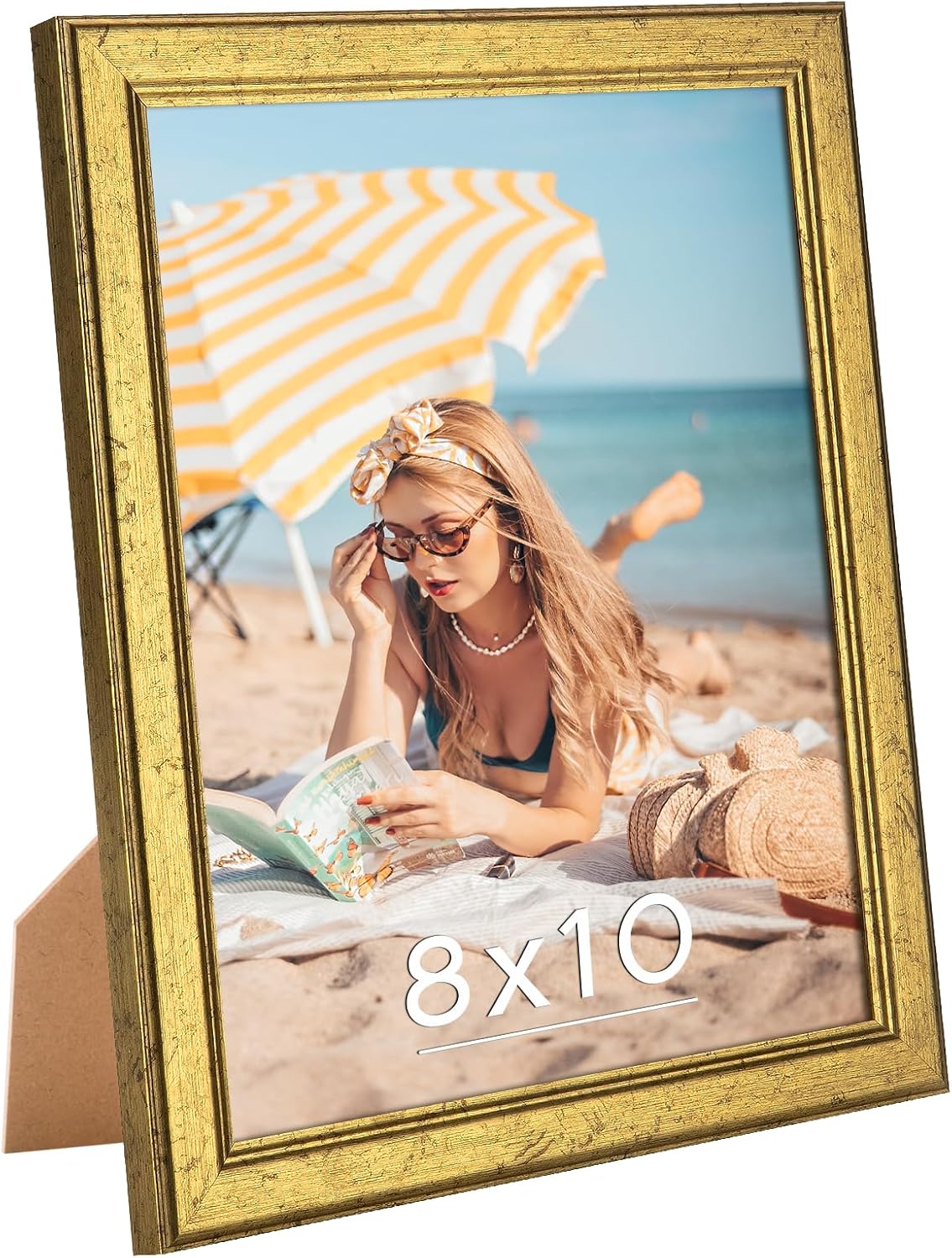 Wood 8x10 Frame Set Gold, Ornate Natural Wooden 10x8in Picture Frames, Modern Golden 8 x 10inch Gallery Photo Pic Frame with HD Plexiglass, Horizontal Vertical Wall Mounting Tabletop Display 1Pcs