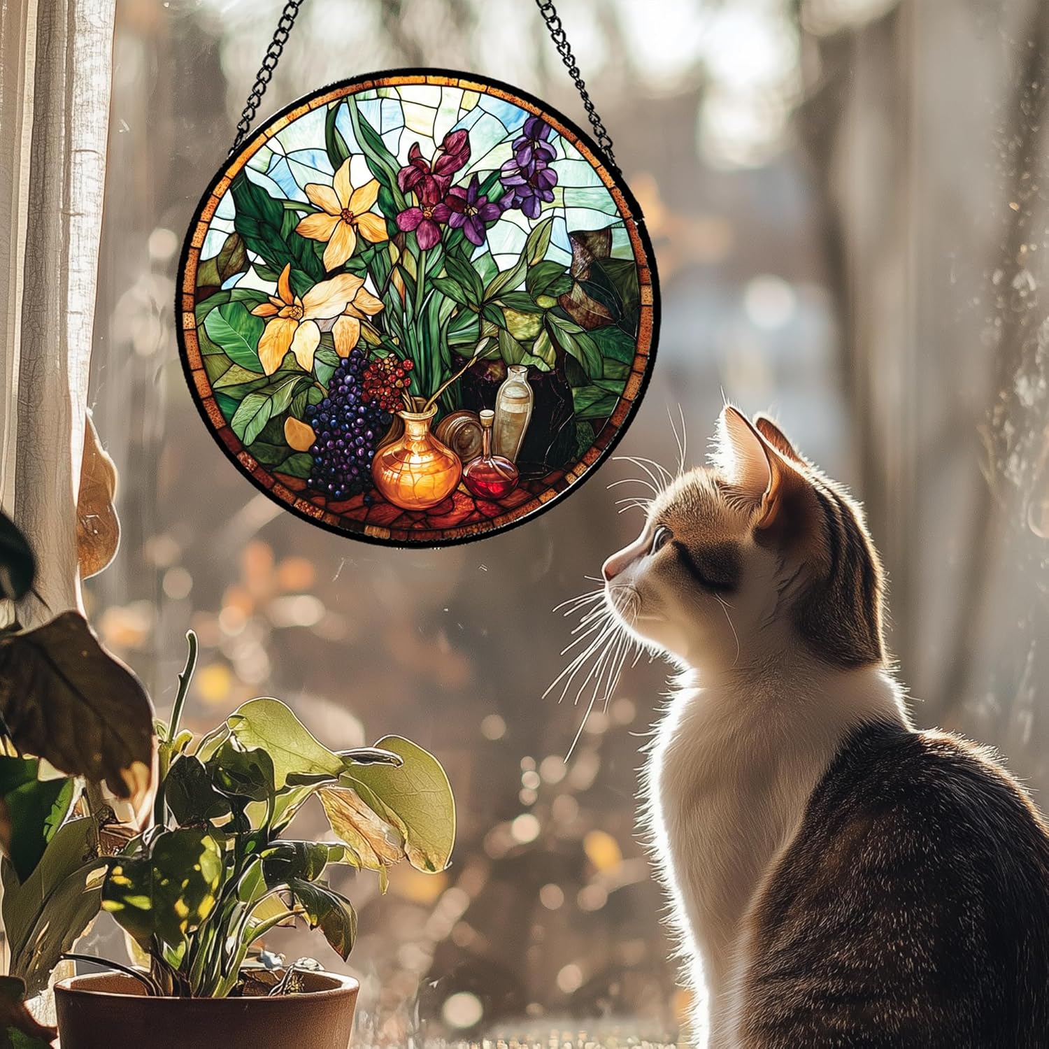Stained Glass Window Hanging Berry Plant Purple Yellow Flowers in Vase 7.8" - Suncatcher Door Garden Sun Catcher Home Decor Birthday Christmas for Mom Men Woman Nana