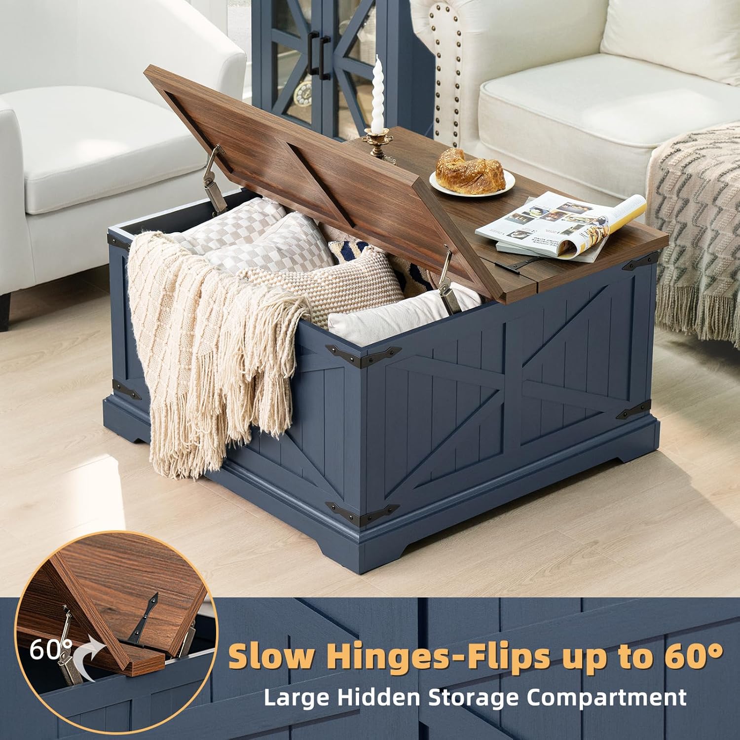 Farmhouse Coffee Table with Large Hidden Storage Compartment, Navy Blue Square Center Table, Wood Rustic Low Modern Living Room Tables with Hinged Lift Brown Top & Wooden Arc Base