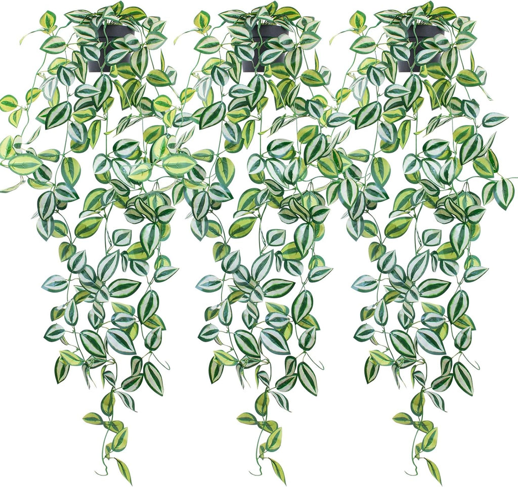 LOYWREE 3 Pack Fake Hanging Plants - Small Potted Plants with Green Eyebrow-Leaf Trailing Vines, Indoor Outdoor Aesthetic Decor for Office, Living Room Shelf & Home Accent (Black Pot)