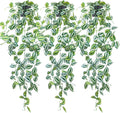 LOYWREE 3 Pack Fake Hanging Plants - Small Potted Plants with Green Eyebrow-Leaf Trailing Vines, Indoor Outdoor Aesthetic Decor for Office, Living Room Shelf & Home Accent (Black Pot)