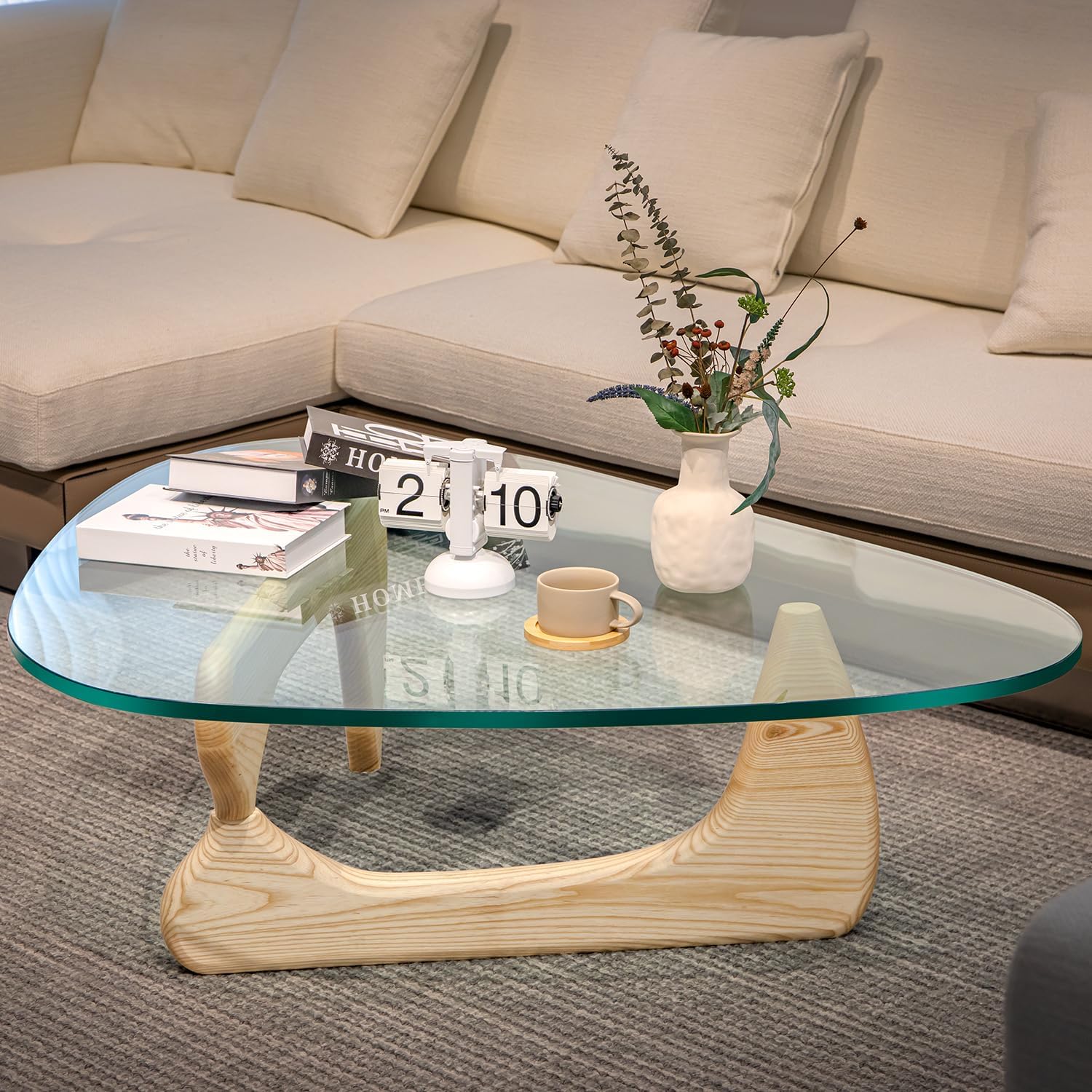 Noguchi Triangle Glass Coffee Table, Mid-Century Modern Coffee Table, Solid Wood Base and Triangle Clear Glass Top Modern Table for Living Room, Office, Patio