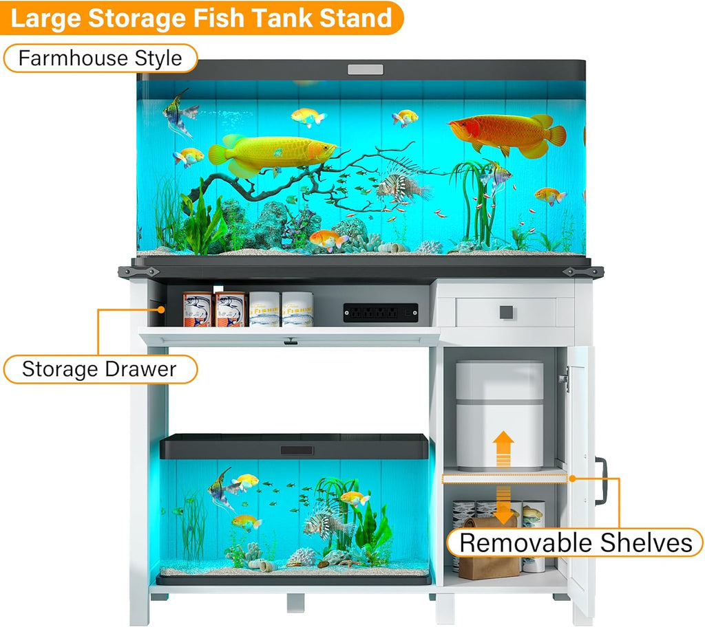 40 Gallon Fish Tank Stand with Power Outlets, Farmhouse Decorative Aquarium Stand Furniture with Adjustable Shelves and Storage Drawer, 30-40 Gallon Reptile Turtle Tank Stand(White, 30-40GL)