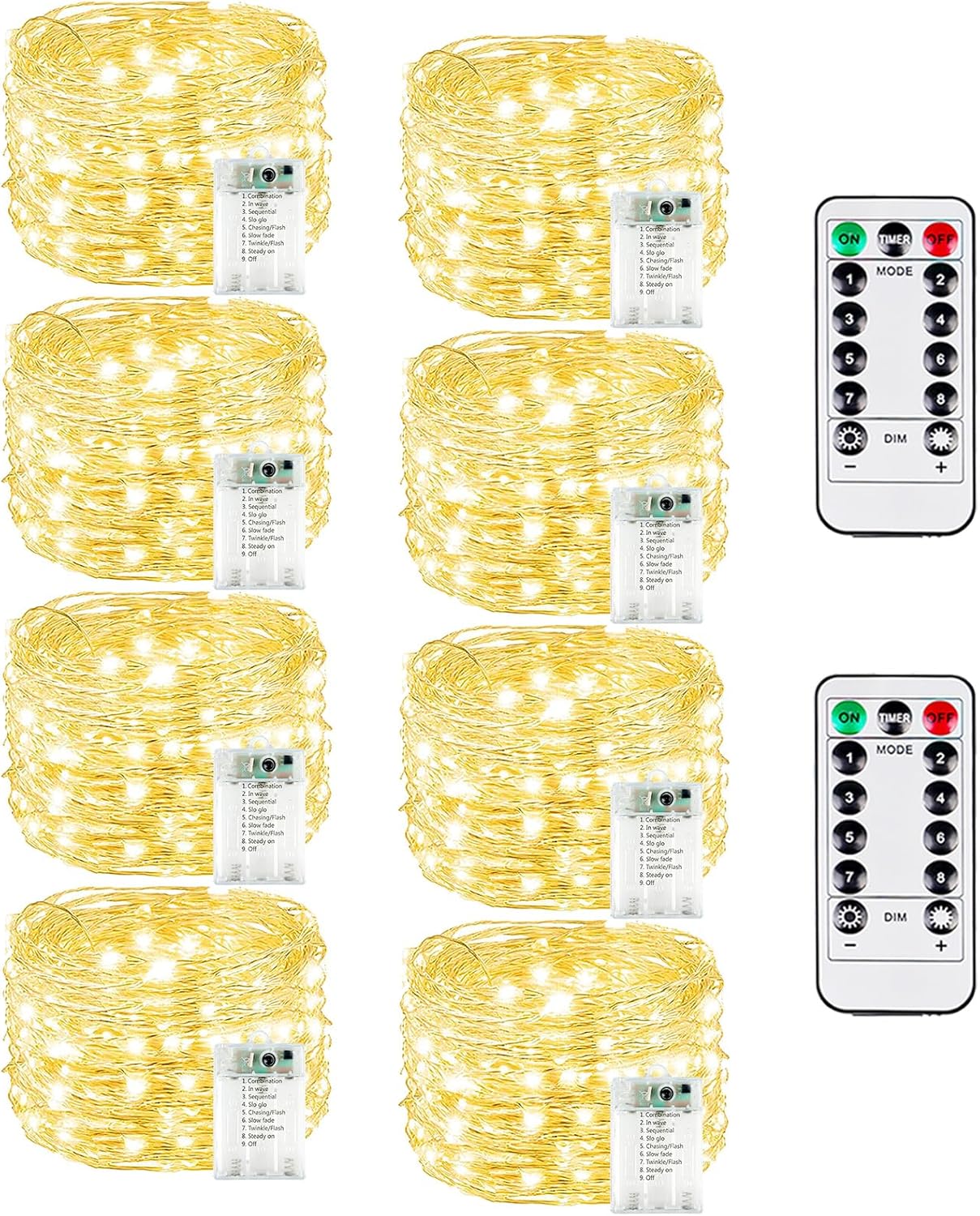 8 Pack Christmas Fairy Lights Battery Operated with Remote, Each 20FT 60LED Waterproof Twinkle Lights with Timer, String Light Indoor & Outdoor for Bedroom Wedding Christmas Decoration(Warm White)